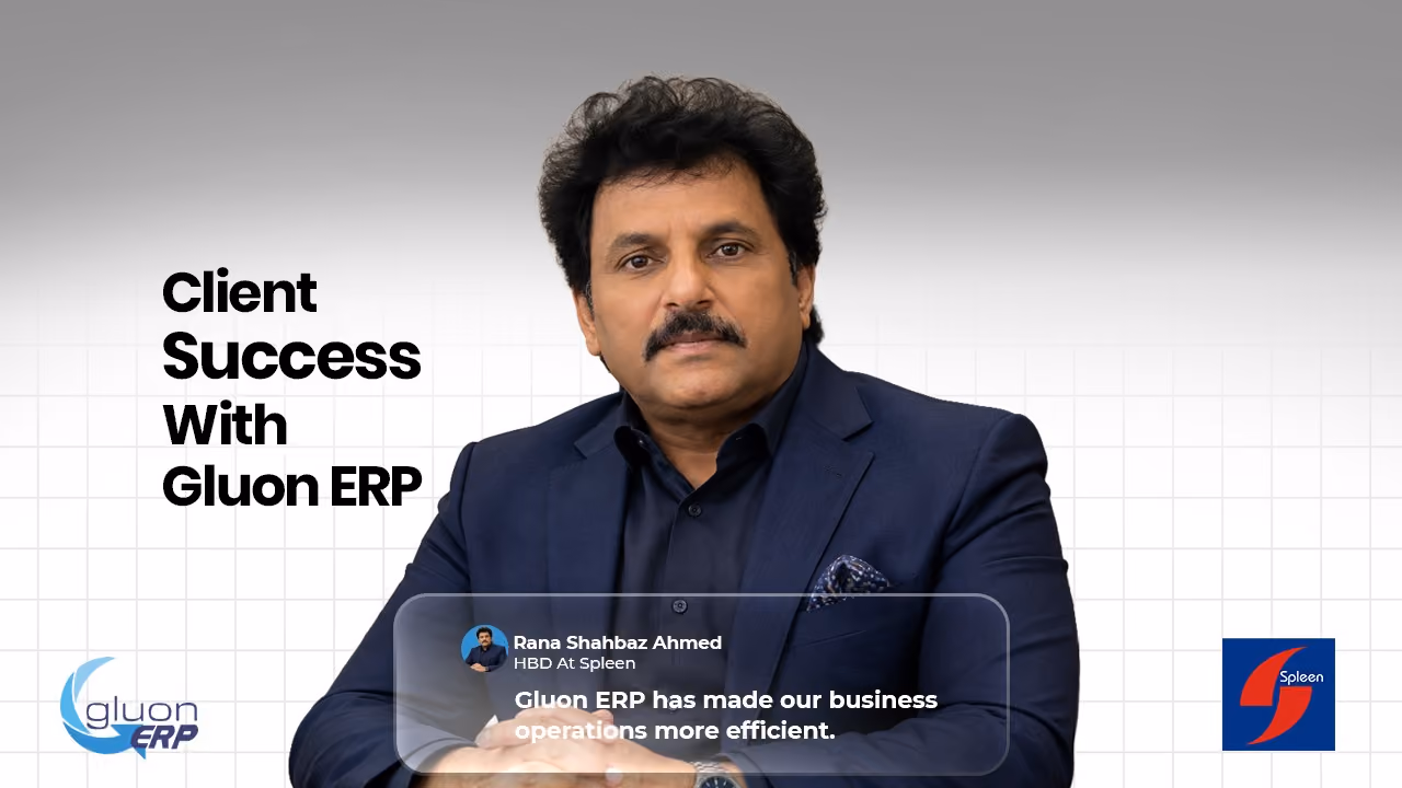 Video thumbnail titled 'Client Success With Gluon ERP' featuring a testimonial quote from Spleen's HBD.