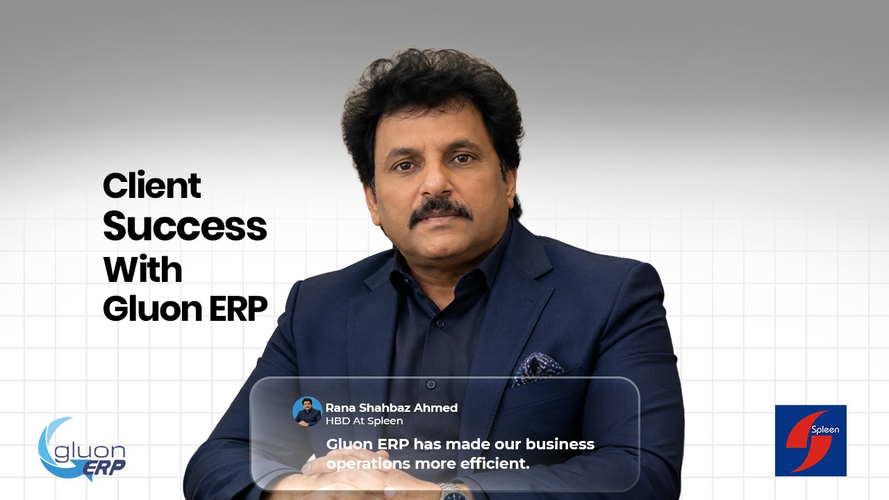 Man in navy suit with text 'Client Success With Gluon ERP' and testimonial about business efficiency.