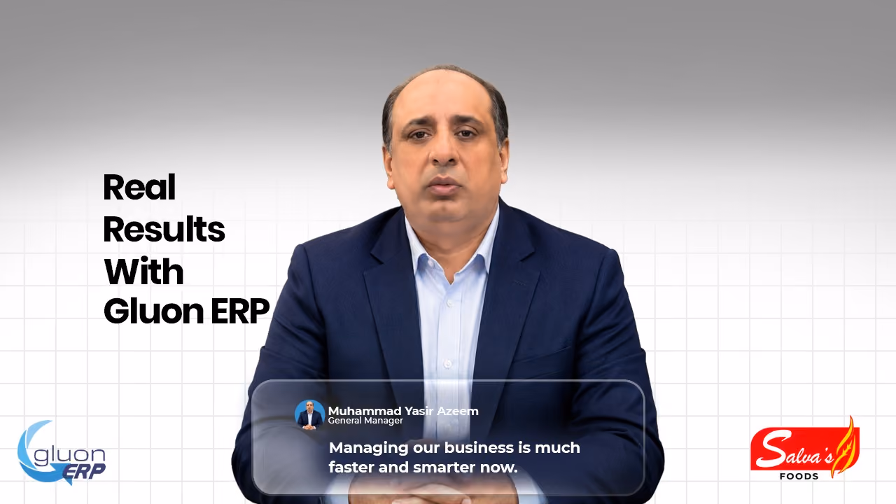 Video thumbnail titled 'Real Results With Gluon ERP' featuring a testimonial quote from Salva's Foods' General Manager.
