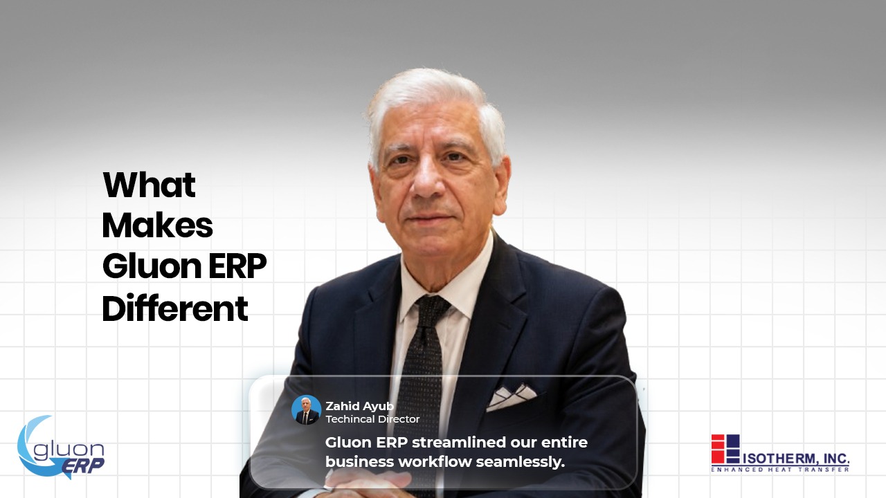 Older man in suit with text on left 'What Makes Gluon ERP Different' and logos for Gluon ERP and Isotherm.