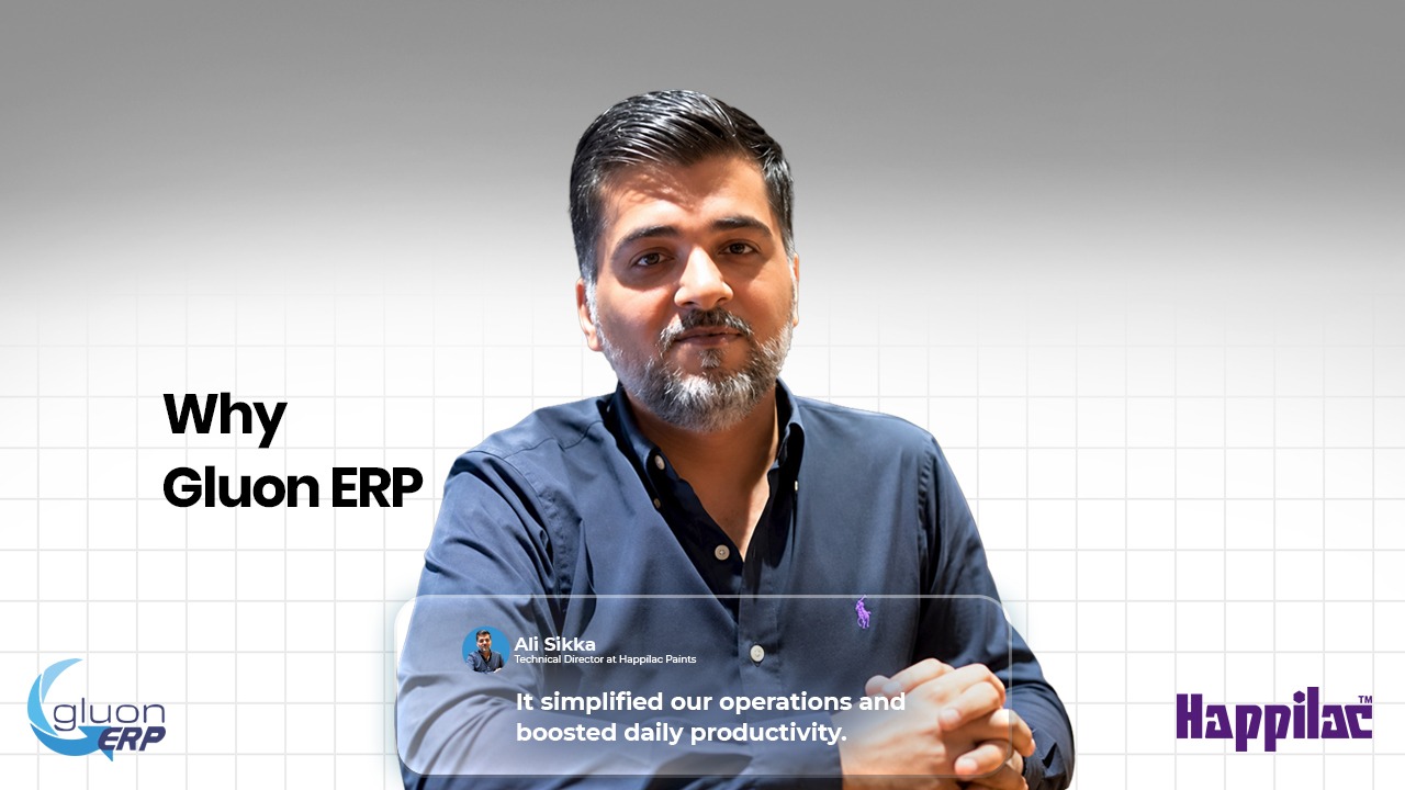 Man with folded hands next to text praising Gluon ERP for simplifying operations and boosting productivity.
