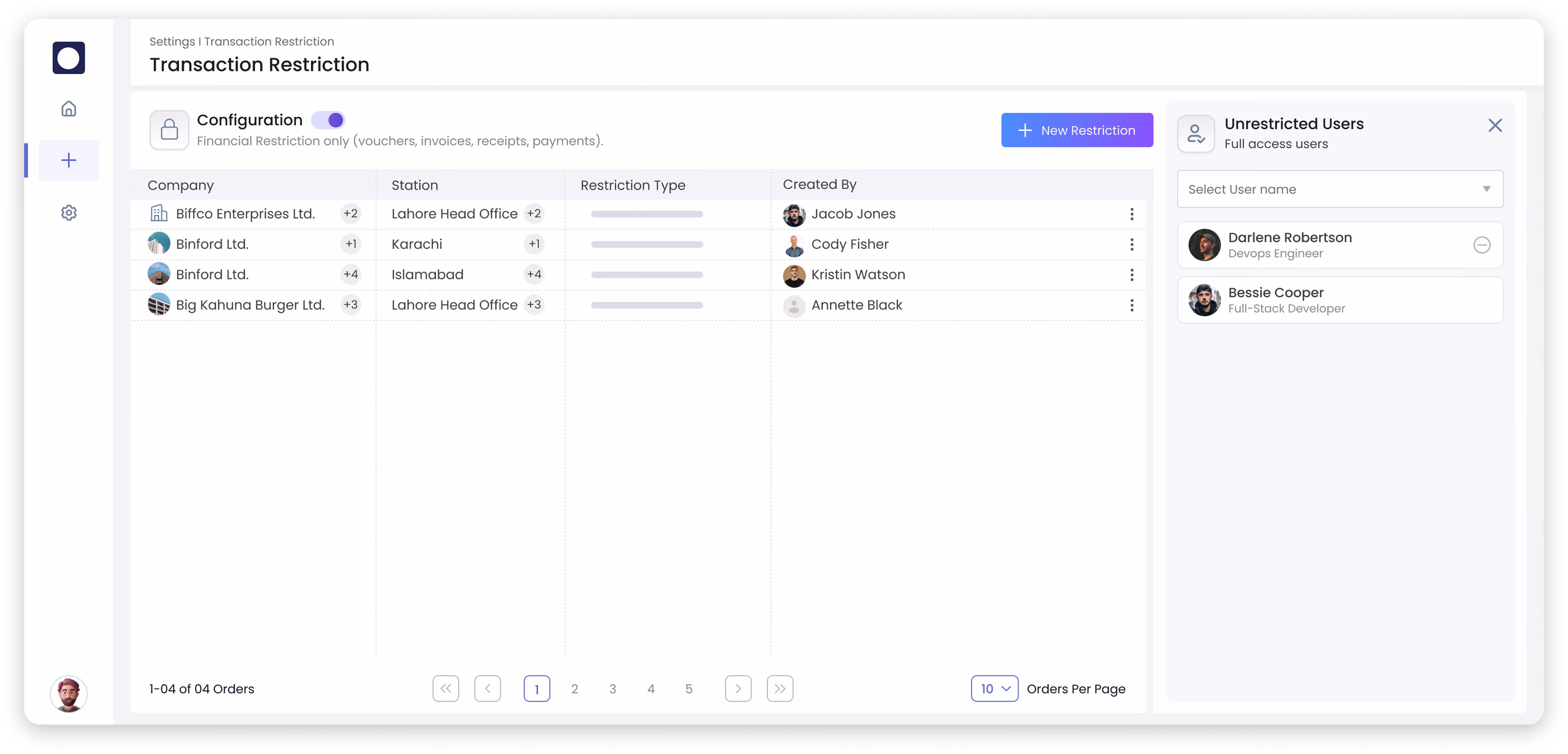 Transaction Restriction settings page listing companies, stations, and restriction types, with an Unrestricted Users panel on the right.