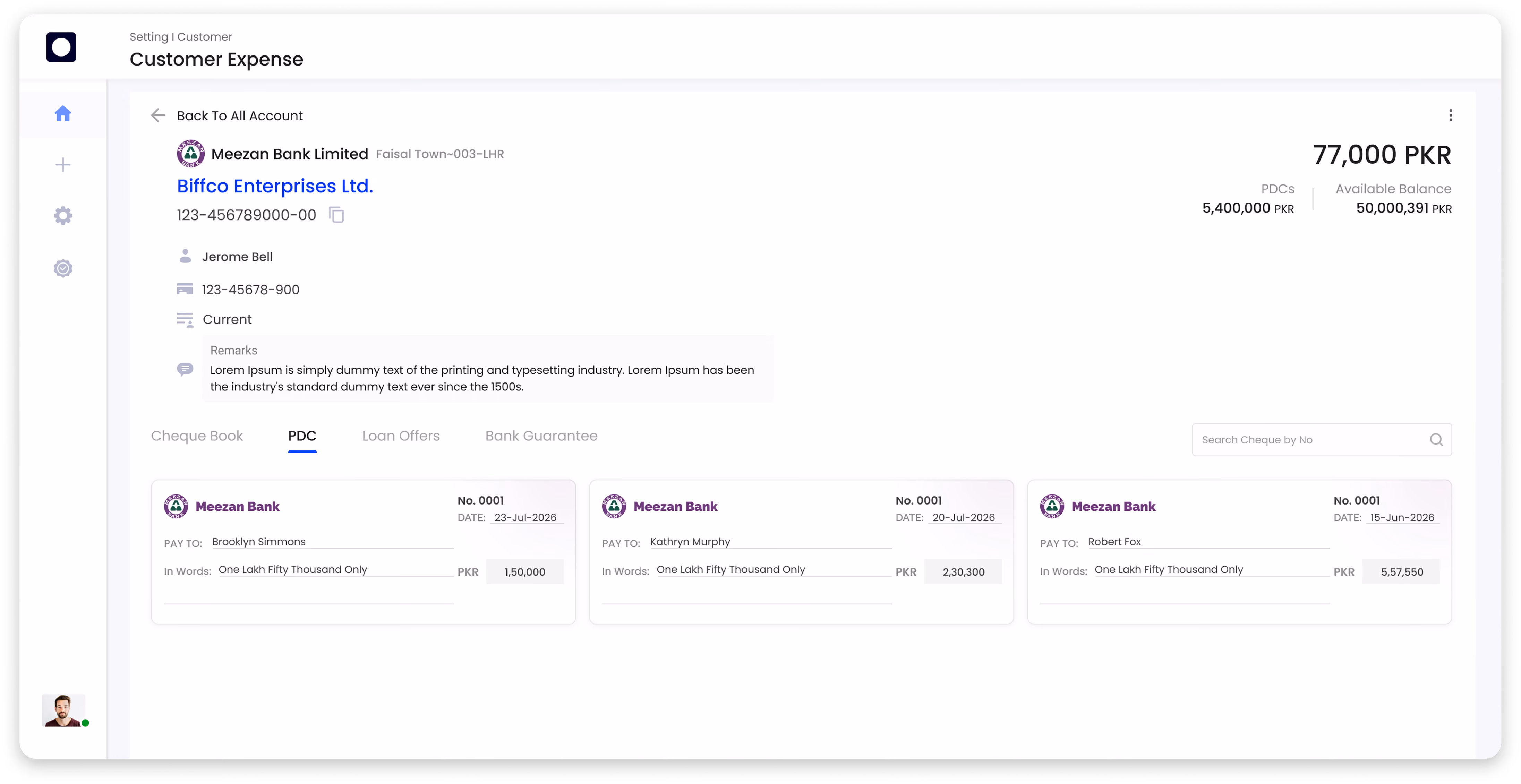 Customer Expense page for Biffco Enterprises Ltd. showing Meezan Bank account details and a list of post-dated cheques