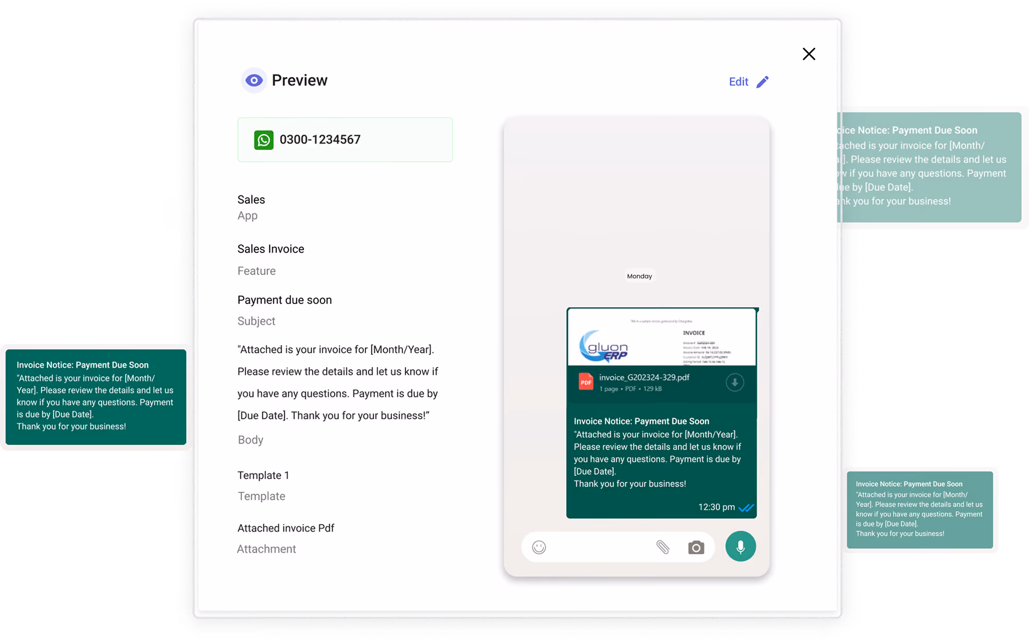 Gluon ERP WhatsApp integration interface showing automated invoice PDF delivery and payment due notifications.