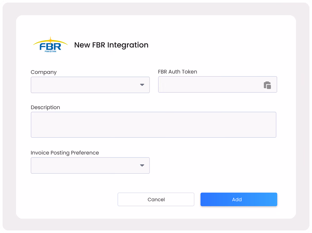 Gluon ERP FBR integration configuration form for real-time tax compliance and digital invoice posting in Pakistan.