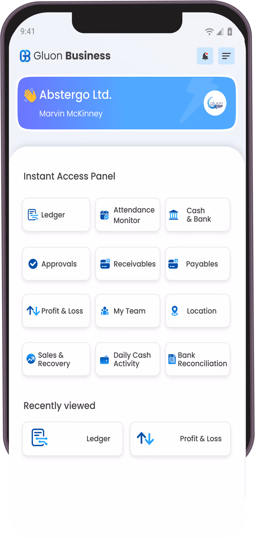 Gluon Business App home screen displaying instant access panel for real-time enterprise management on mobile.