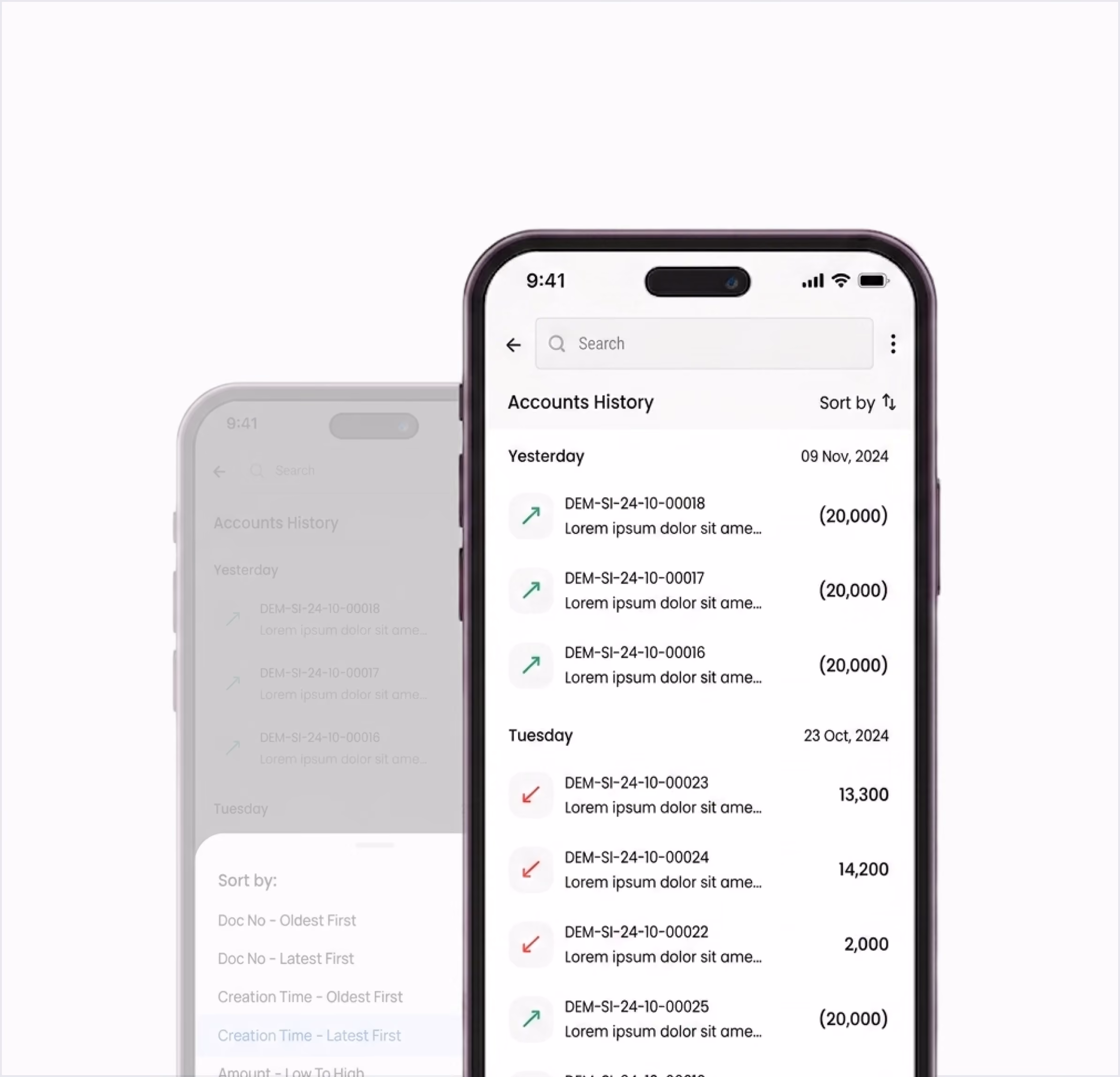Smartphone mockup illustrating the Gluon Business Accounts History interface with chronological transaction records and sorting option.
