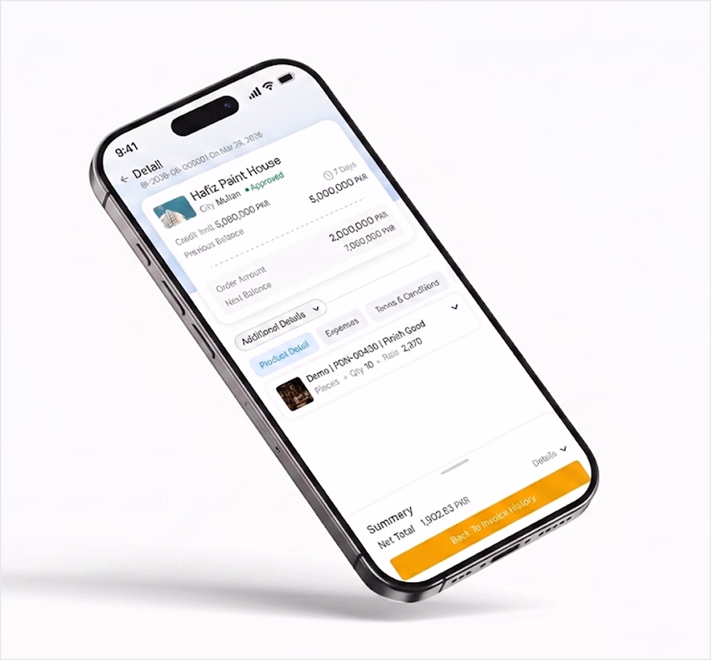 Smartphone displaying a detailed invoice overview in the Gluon Business app, showing credit limits, order amounts, and itemized product totals.