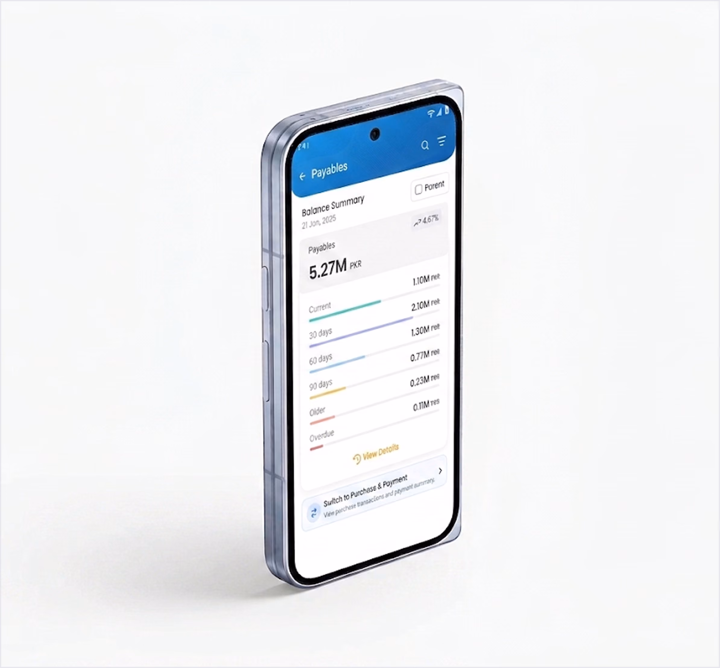 Smartphone showing the Gluon Business Payables screen with balance summary breakdown and aging schedule tabs.