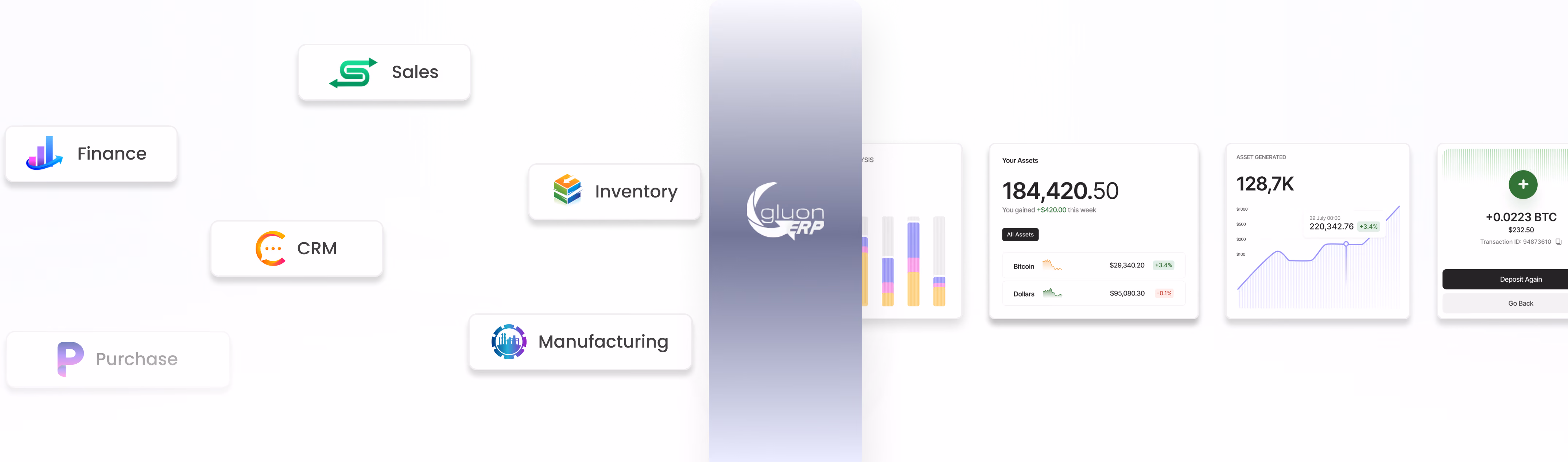 Gluon ERP dashboard showcasing finance, sales, CRM, inventory, purchase, and manufacturing modules.