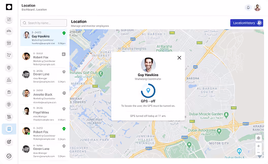 Distribution Management System location tracking modal displaying employee GPS status and offline alert on a live map.