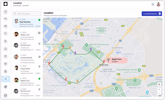Real-time route mapping and location history dashboard in Distribution Management System software for field team tracking.
