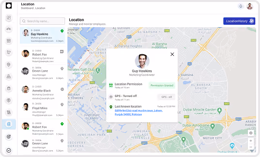 DMS location monitoring window showing GPS status logs, permission timestamps, and last known address of sales personnel.