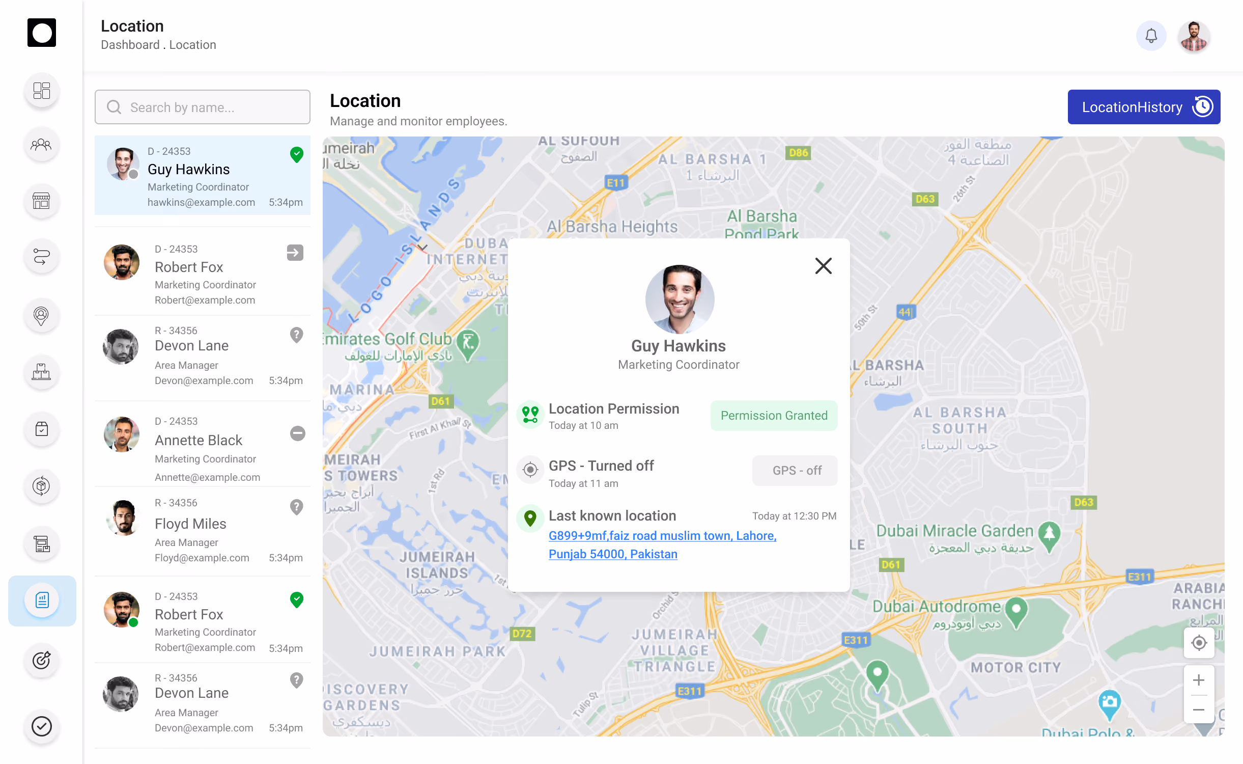 DMS location monitoring window showing GPS status logs, permission timestamps, and last known address of sales personnel.