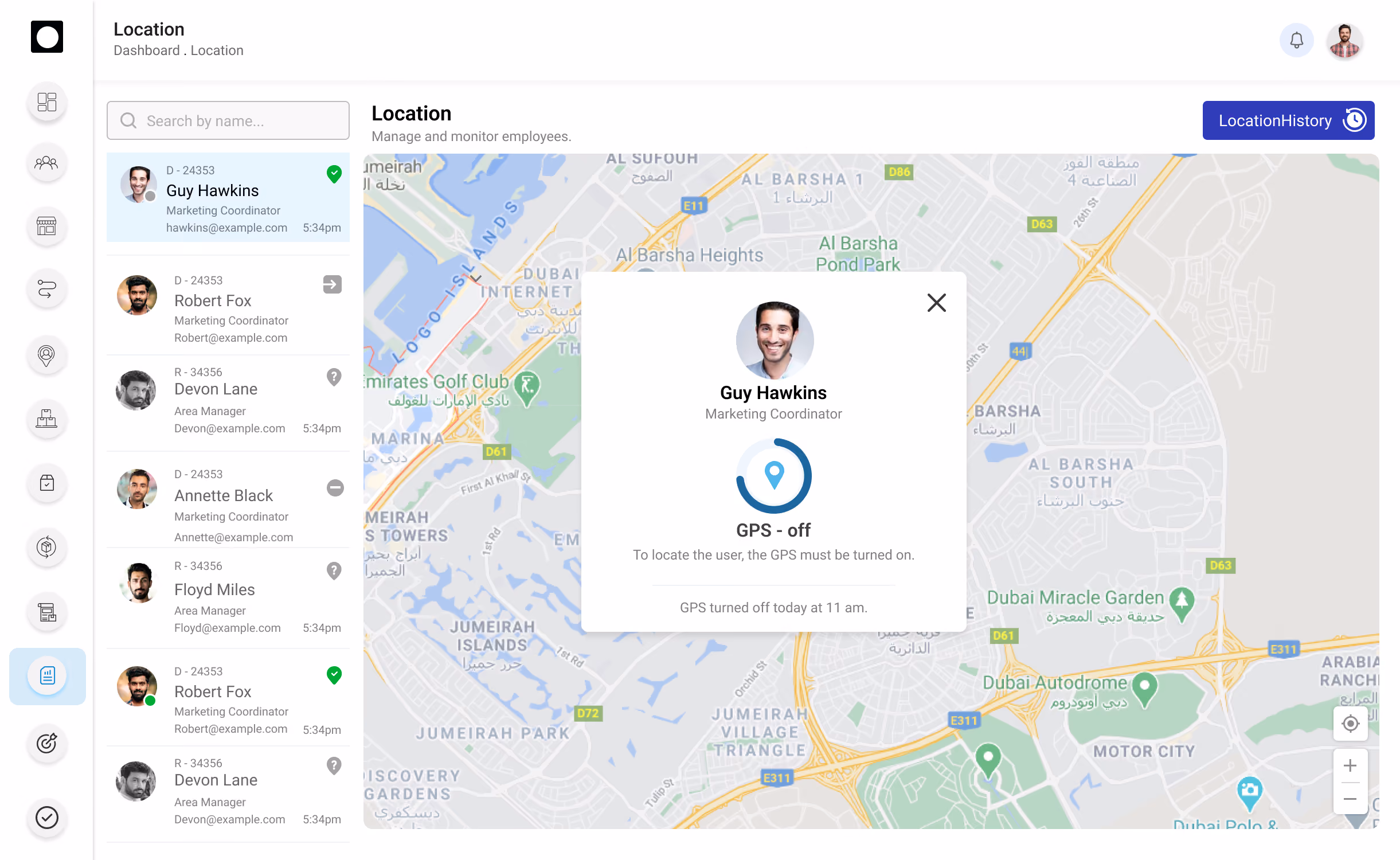 Distribution Management System location tracking modal displaying employee GPS status and offline alert on a live map.
