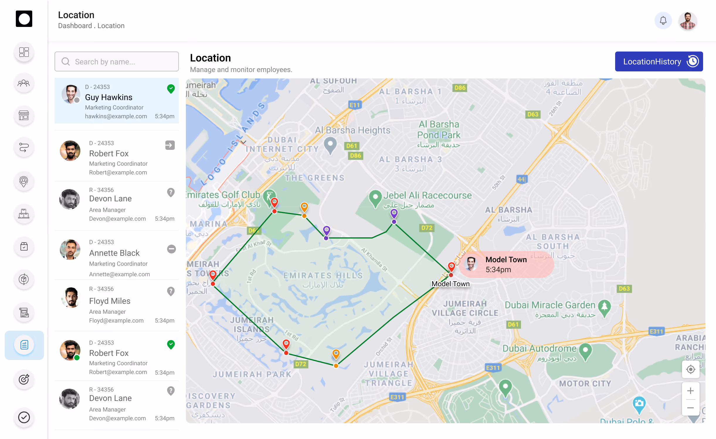 Real-time route mapping and location history dashboard in Distribution Management System software for field team tracking.