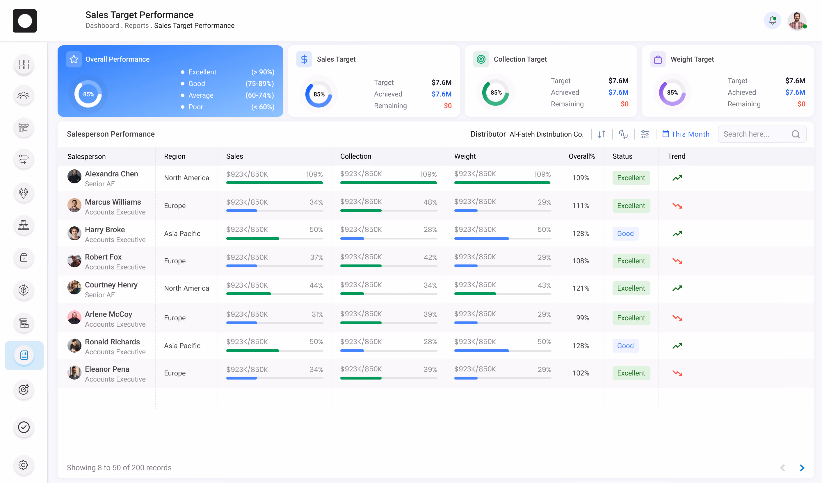 Salesperson performance tracking interface in Distribution Management System showing regional sales targets, collections, and achievement trends.
