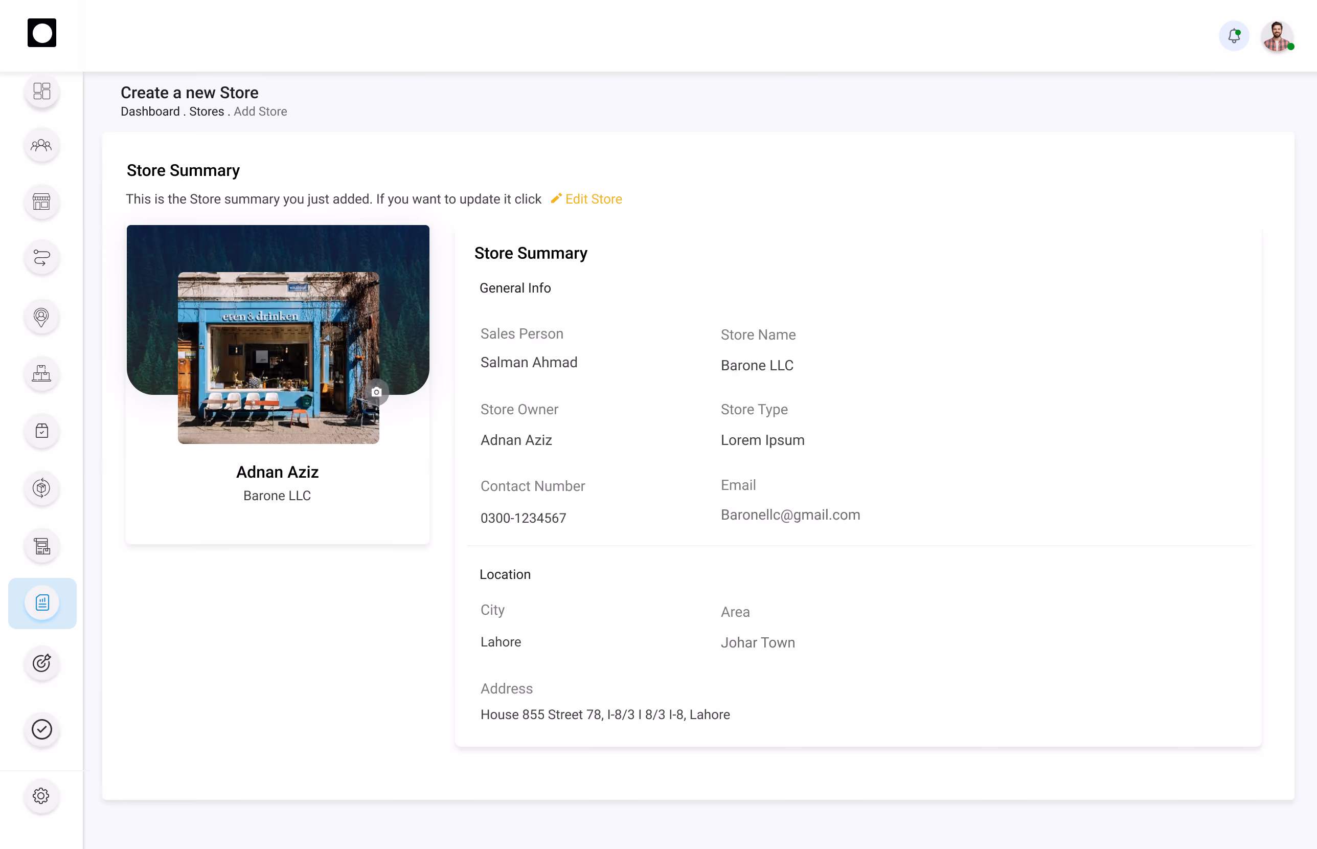 DMS store onboarding summary page showing retail store profile details, contact information, and assigned sales representative.