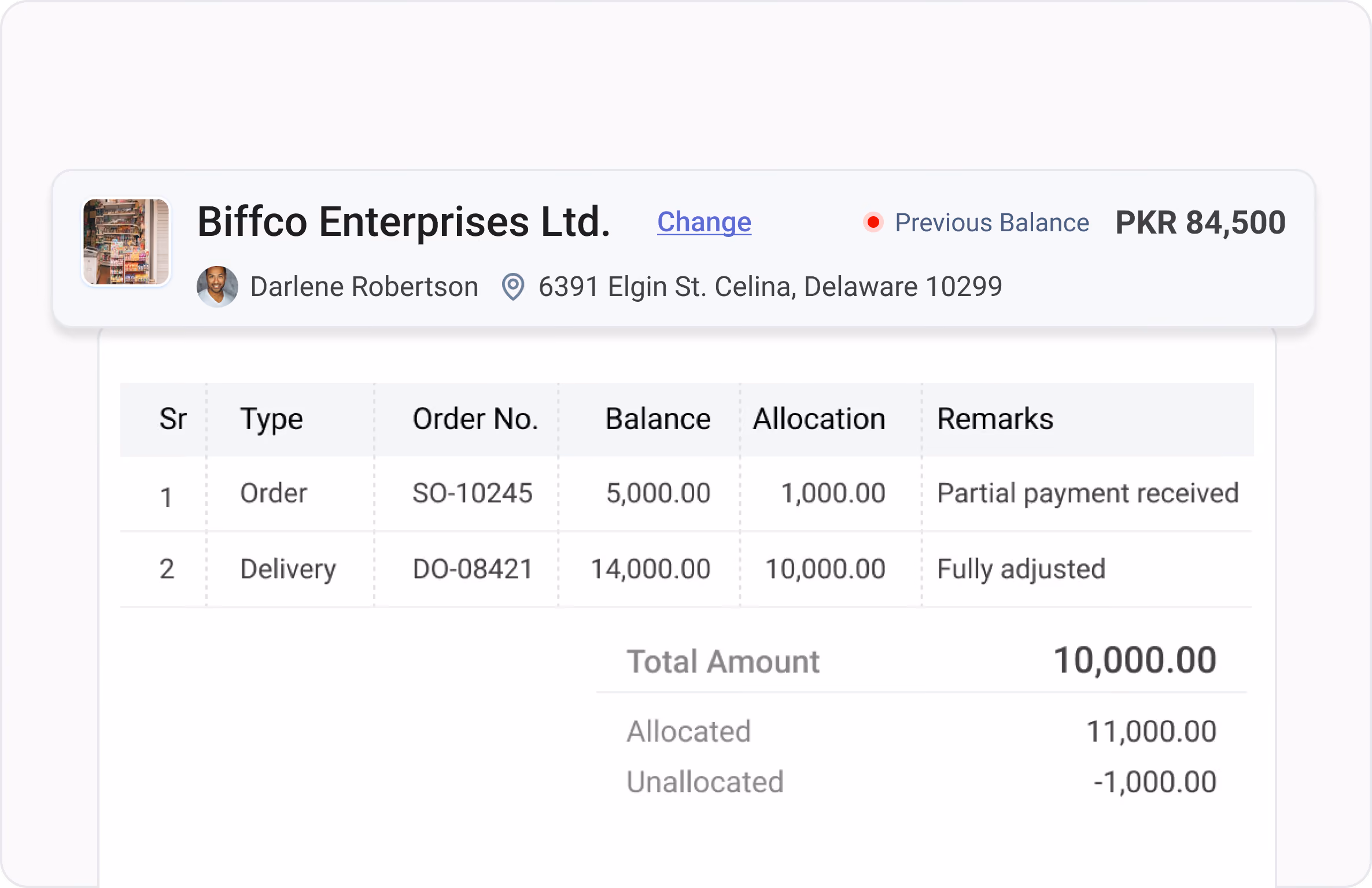 Distribution Management System software ledger interface showing payment receipt allocation against sales orders, delivery orders, and unallocated balance.