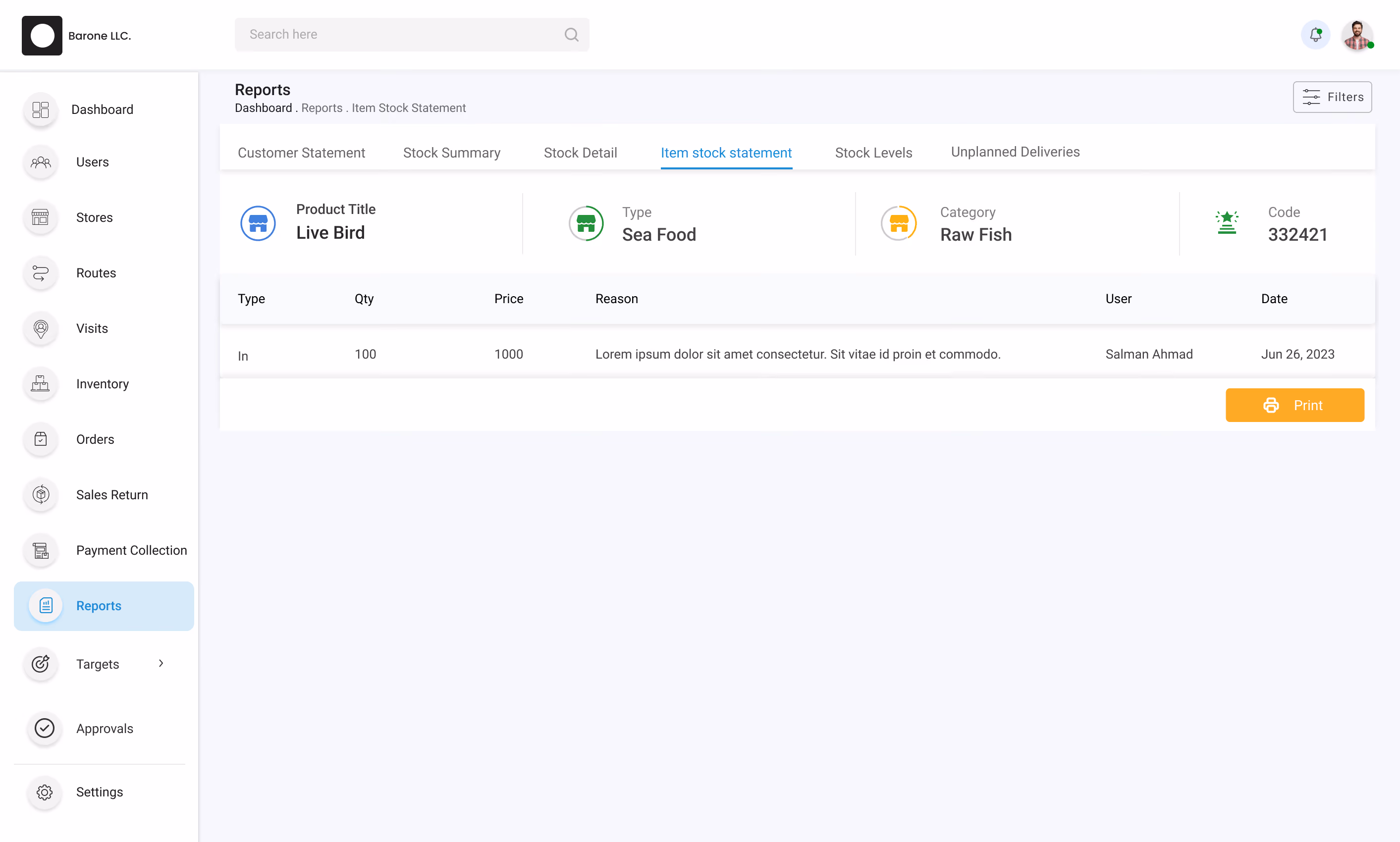 Distribution Management System item stock statement tab showing product details, category, movement quantities, and transaction logs.