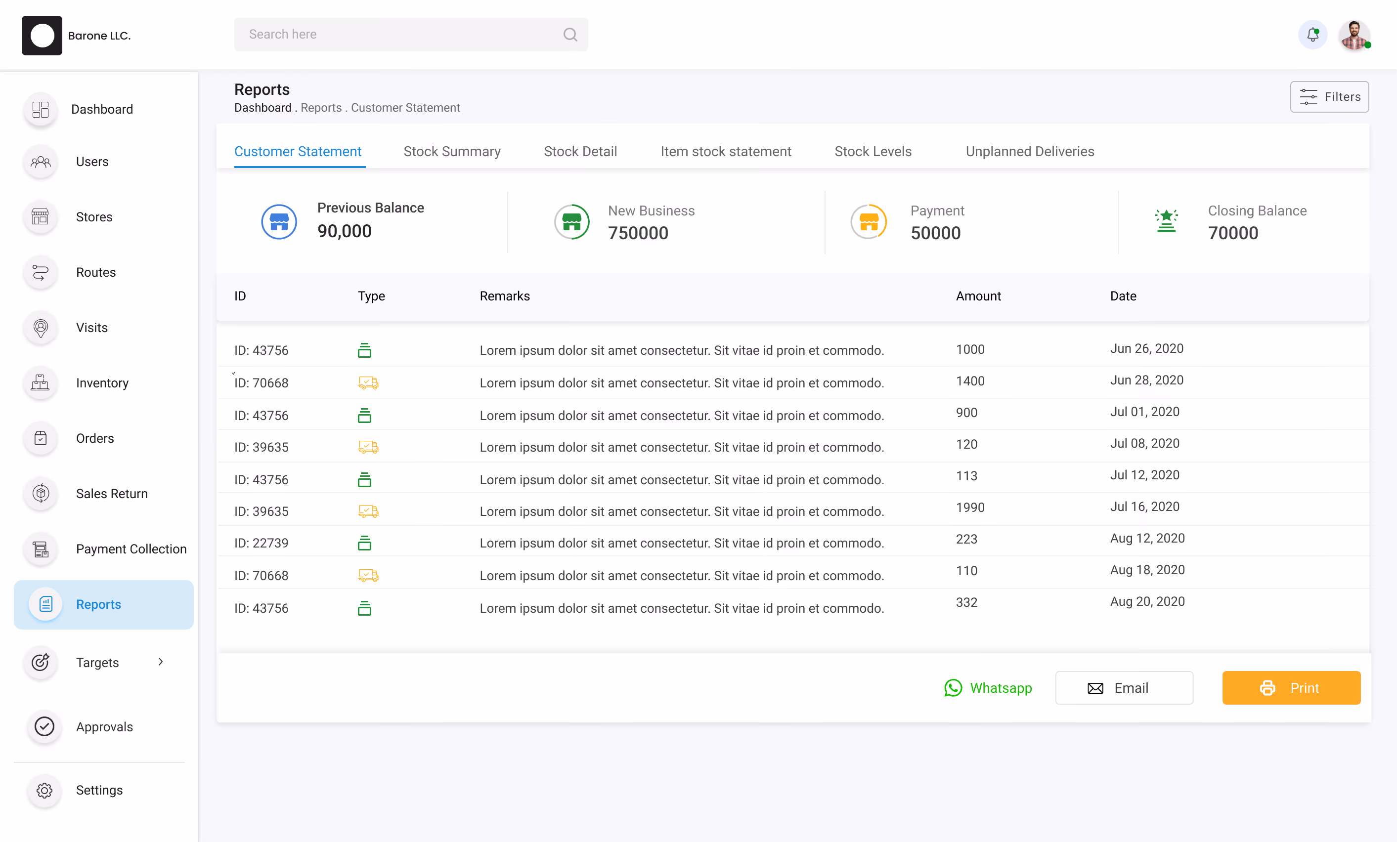 Distribution Management System customer statement report detailing previous balances, new business totals, payments, and closing balance.