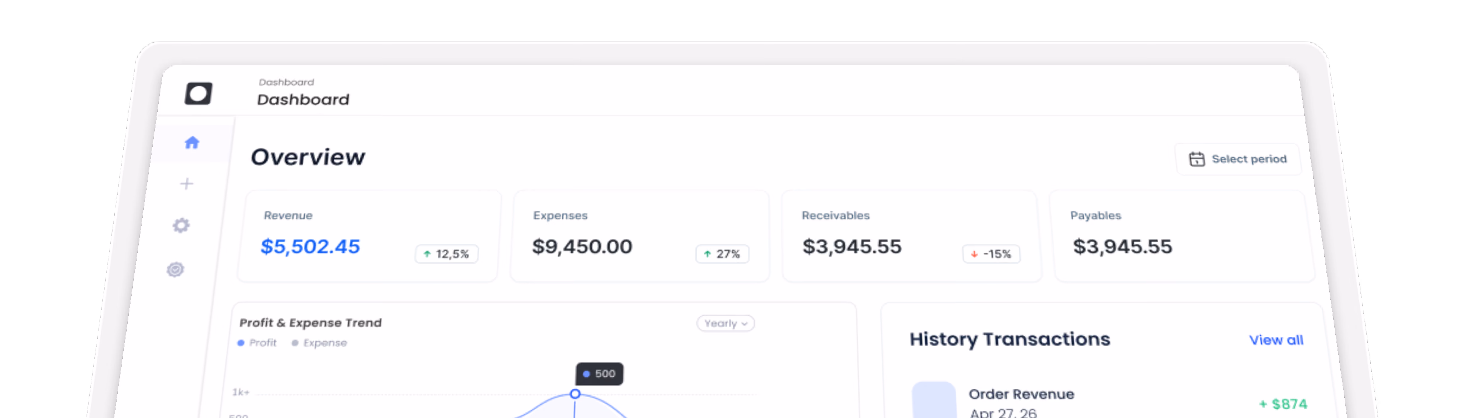 Gluon ERP finance dashboard showing revenue, expenses, receivables, and profit trends.