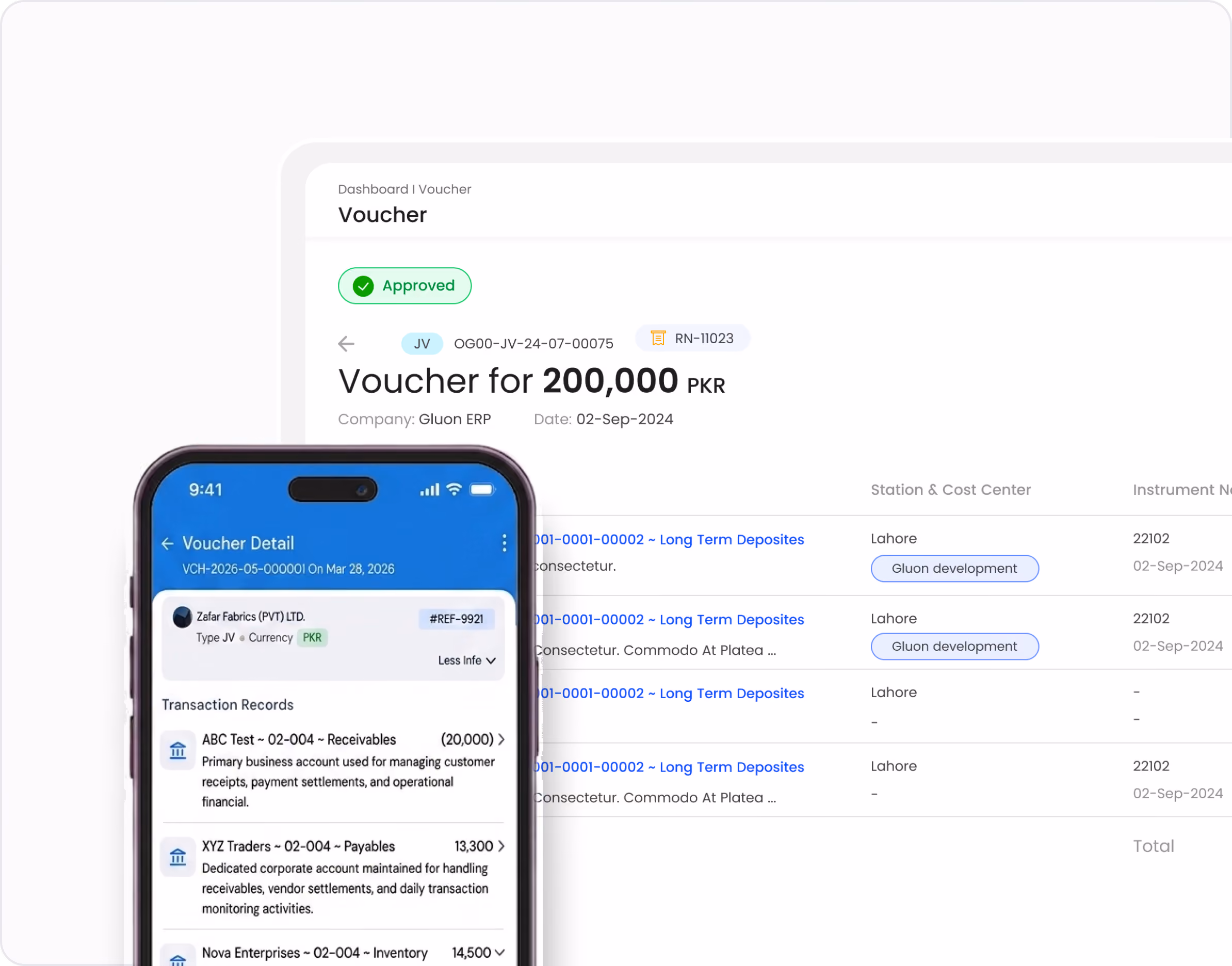 Gluon ERP financial voucher management system showing voucher details on desktop and mobile screens.