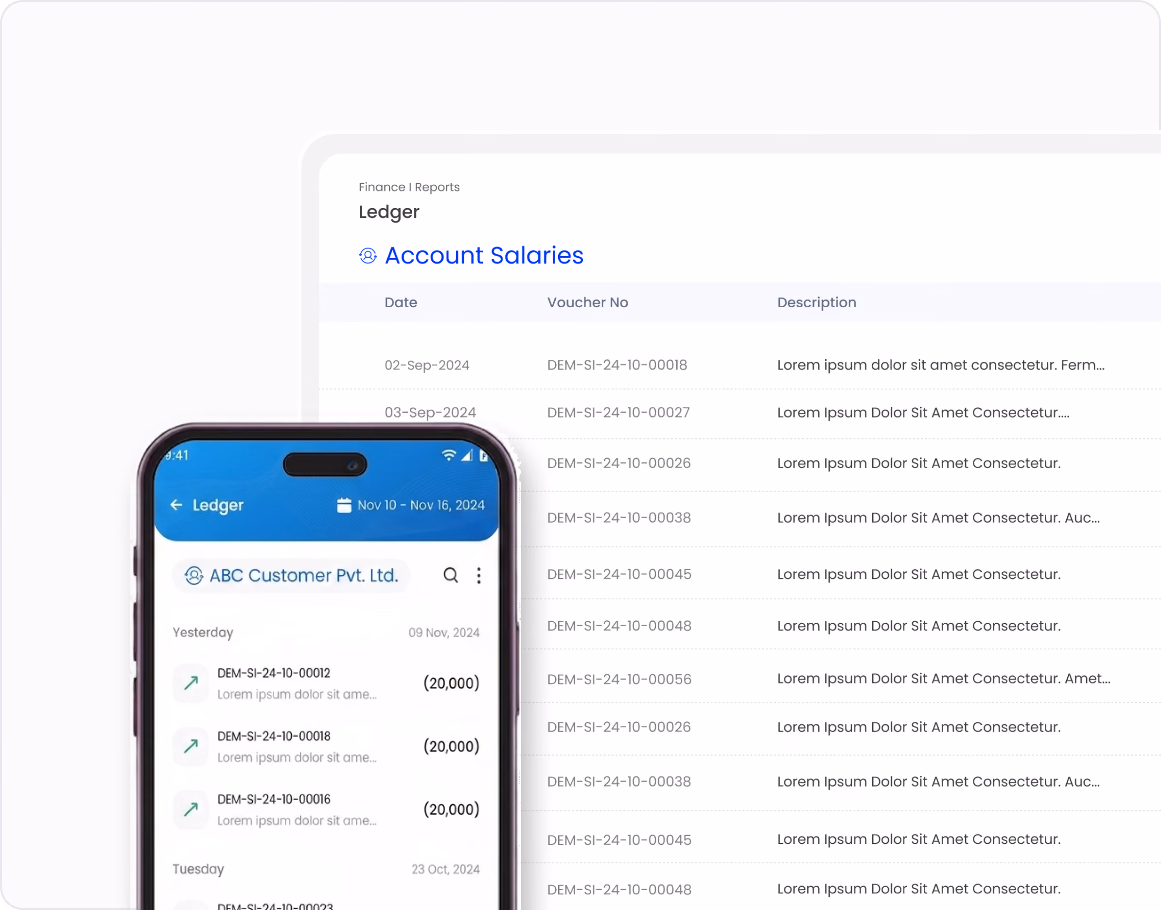 Gluon ERP account ledger report displayed on web dashboard and mobile application.