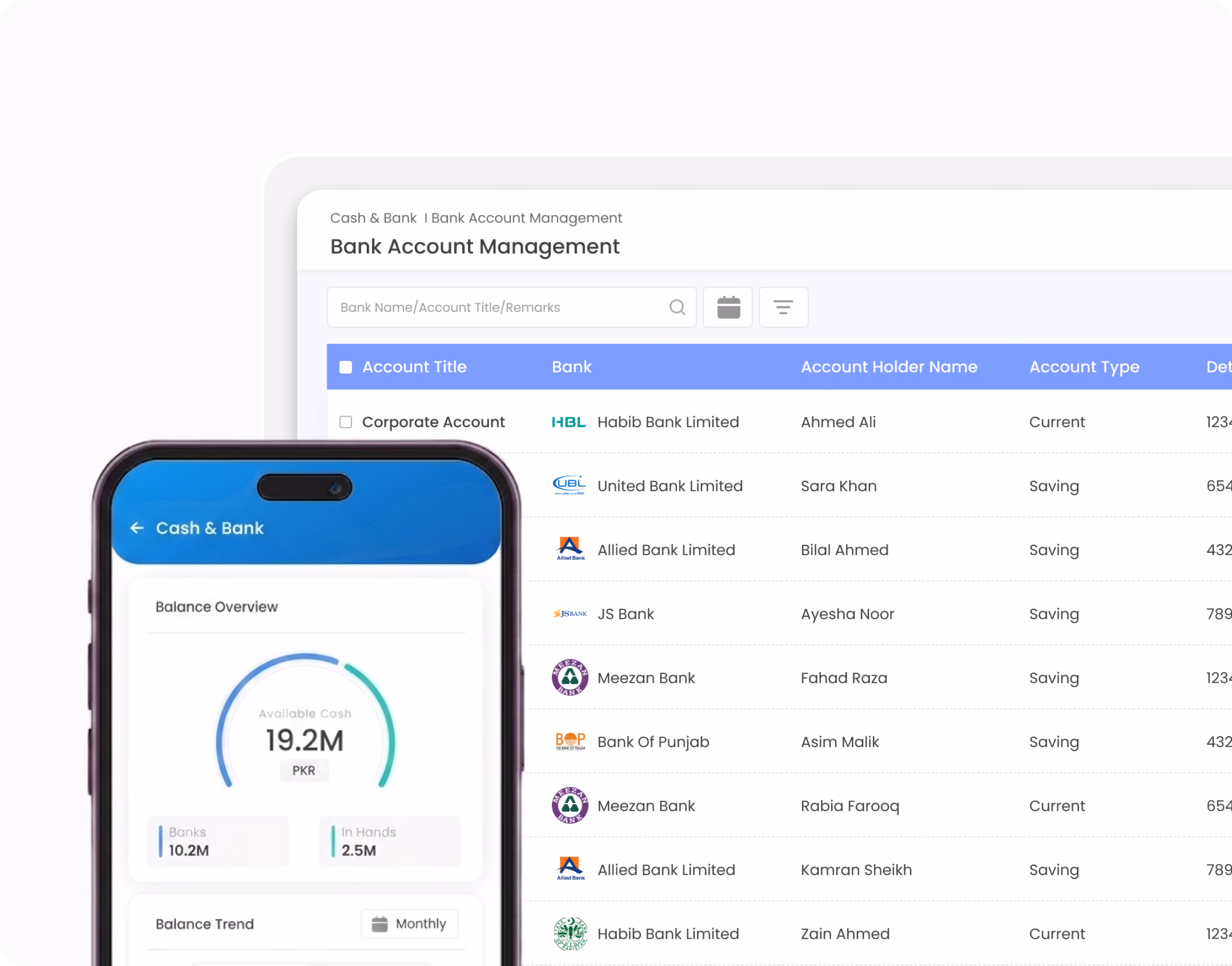 Gluon ERP bank account management table with mobile cash and bank balance overview.