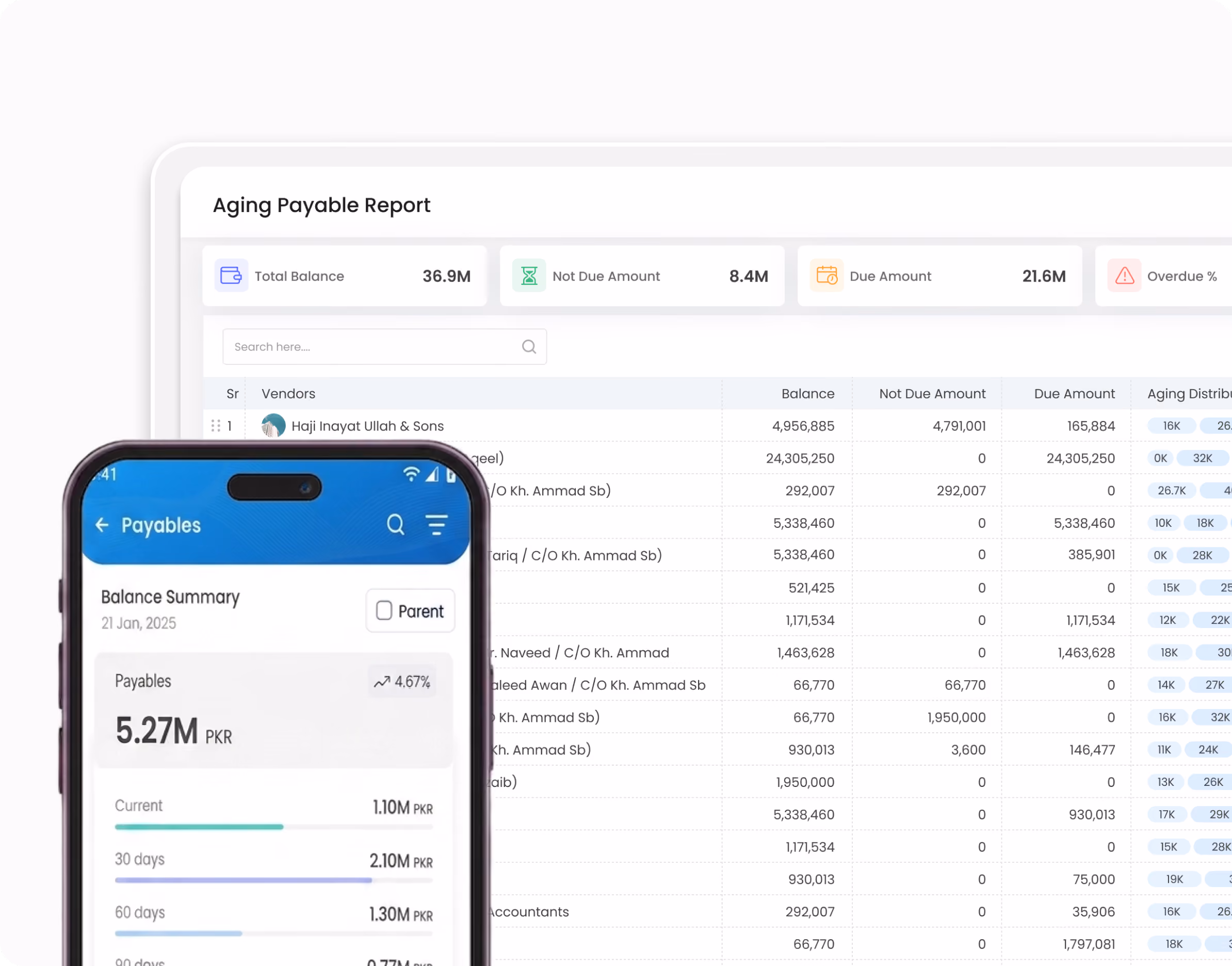 Gluon ERP aging payable report with vendor balances on web dashboard and mobile payables overview.
