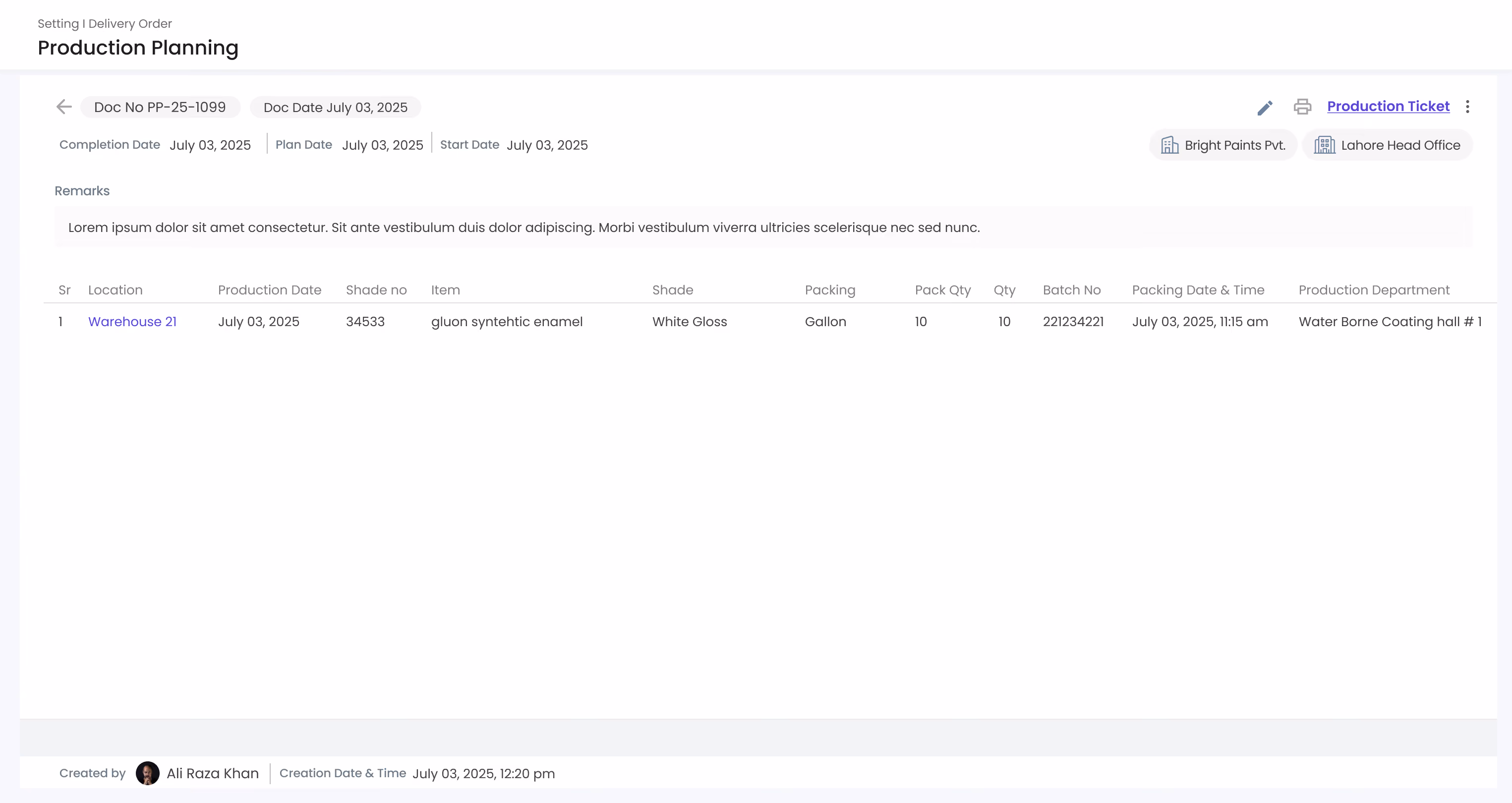 Gluon ERP production planning interface displaying document details, dates, and itemized batch schedules.
