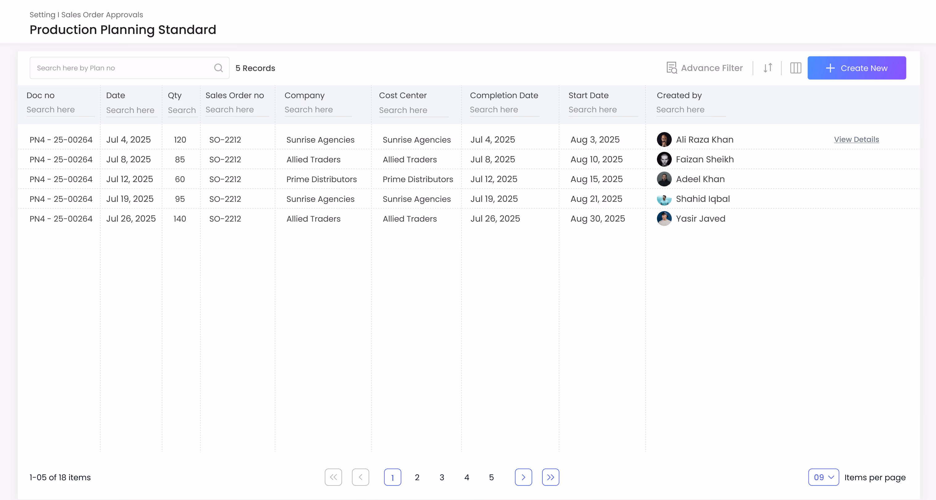 Gluon ERP production planning standard table listing sales order numbers, completion dates, and creation logs.