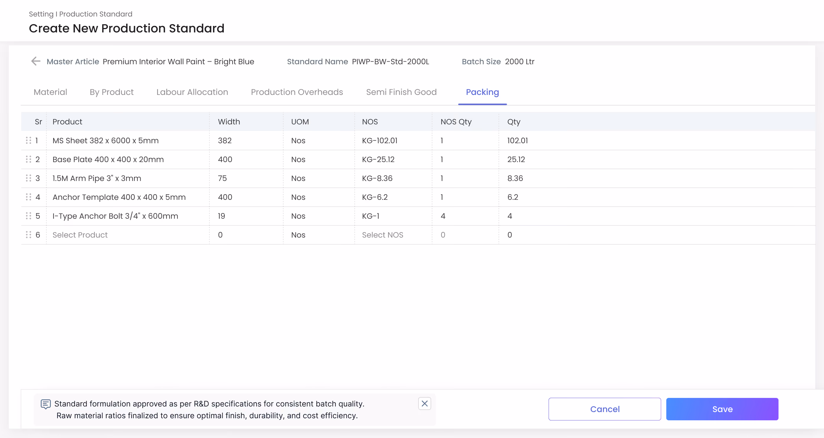 Gluon ERP production standard form showing material, labor, and overhead specifications for wall paint manufacturing.