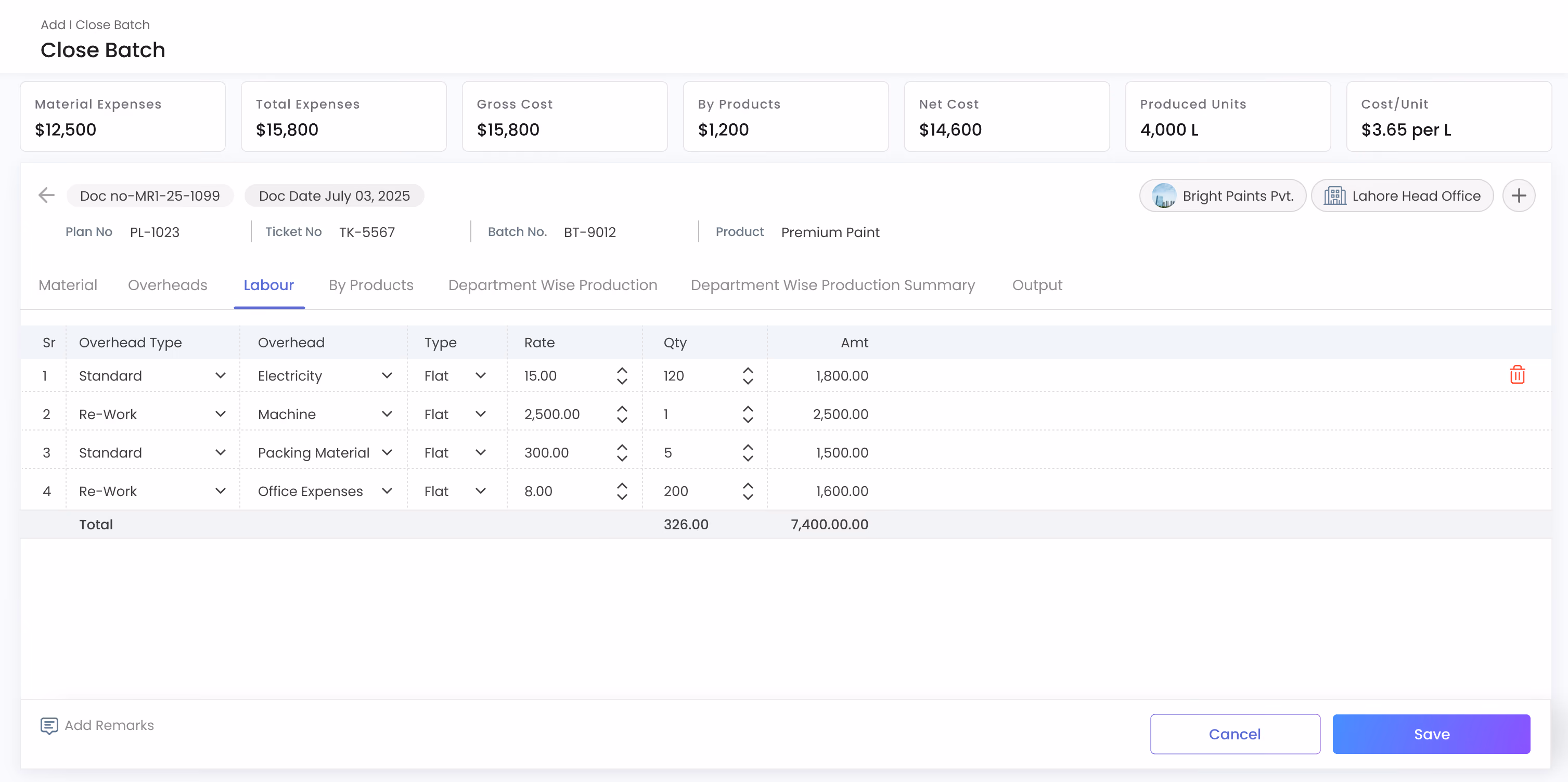 Gluon ERP close batch dashboard displaying material expense metrics, gross cost breakdown, and overhead itemization.
