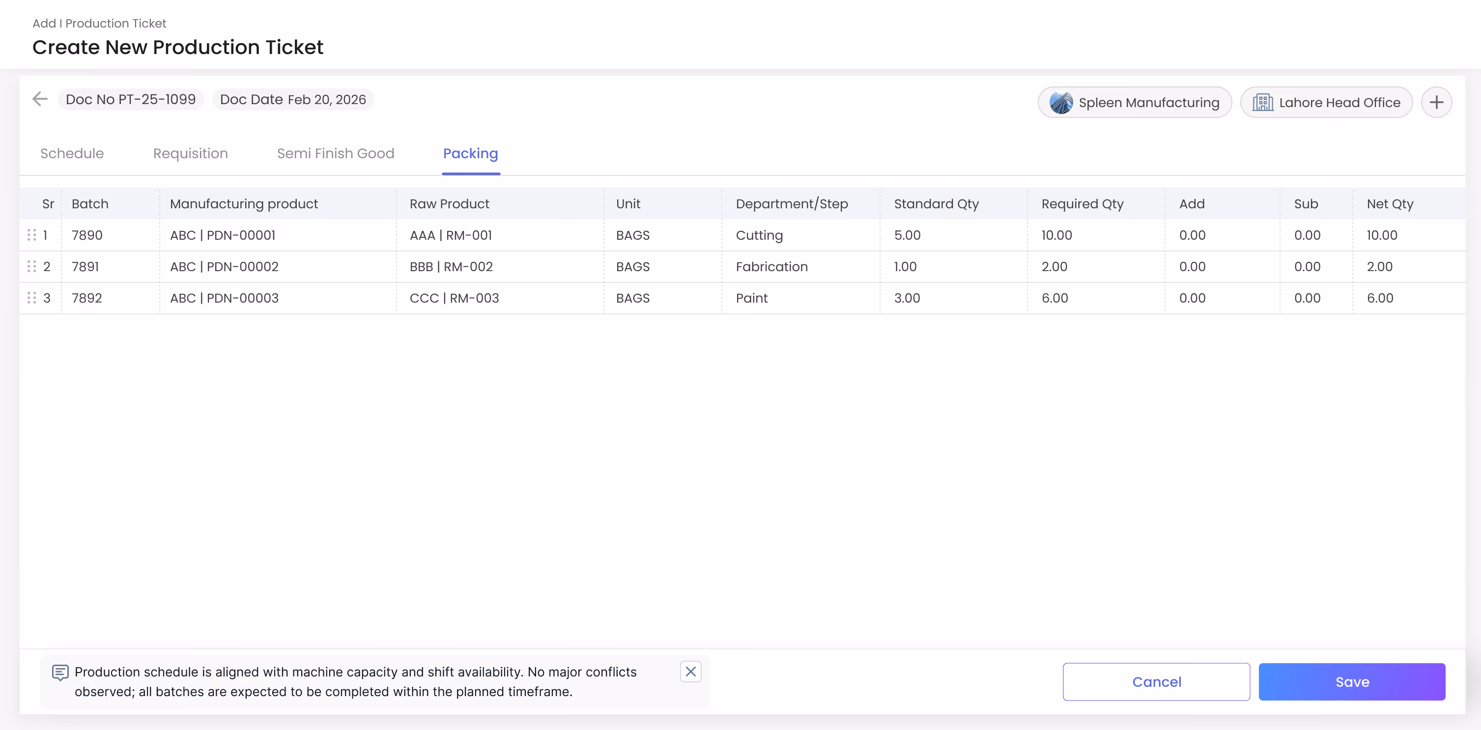Gluon ERP interface for creating new production tickets with packing specs, batch details, and quantity metrics.