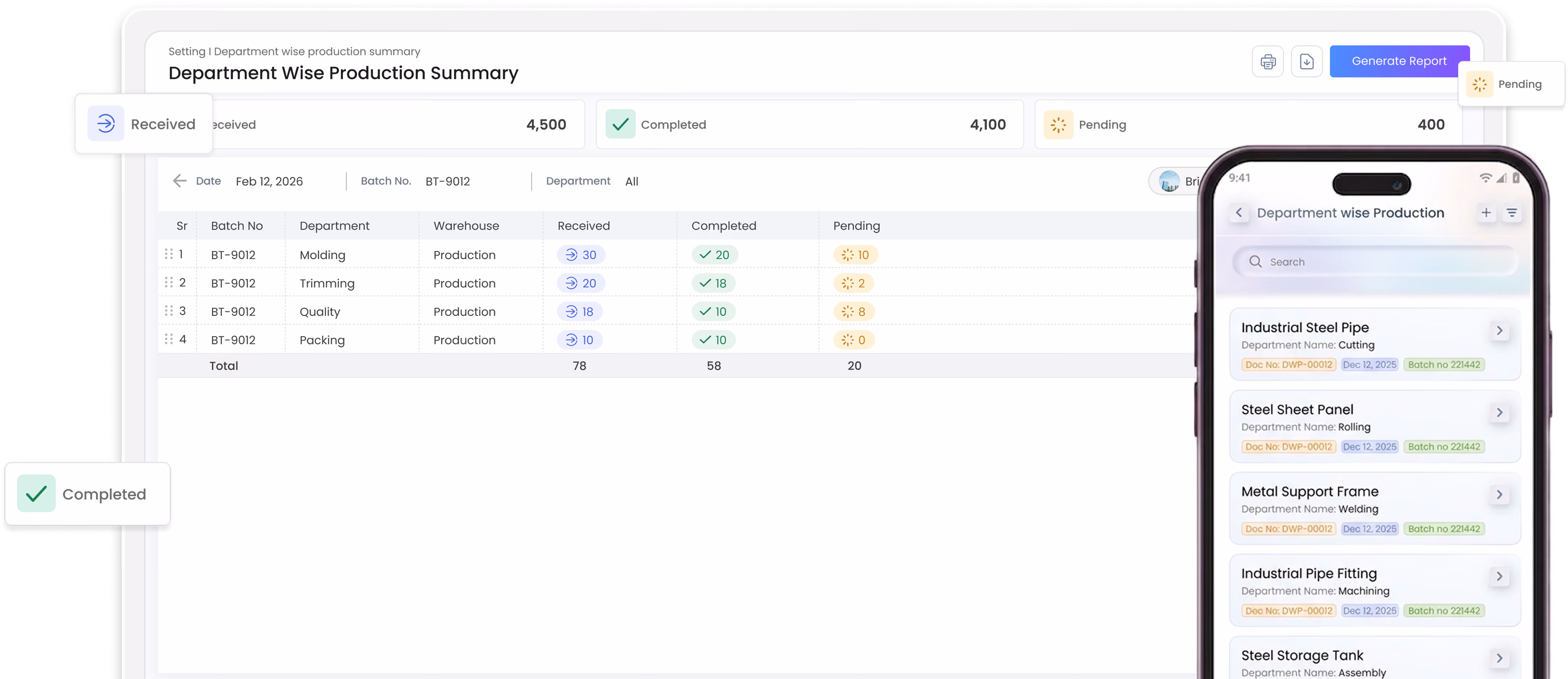 Gluon ERP department-wise production summary interface with web table metrics and mobile app order tracking view.