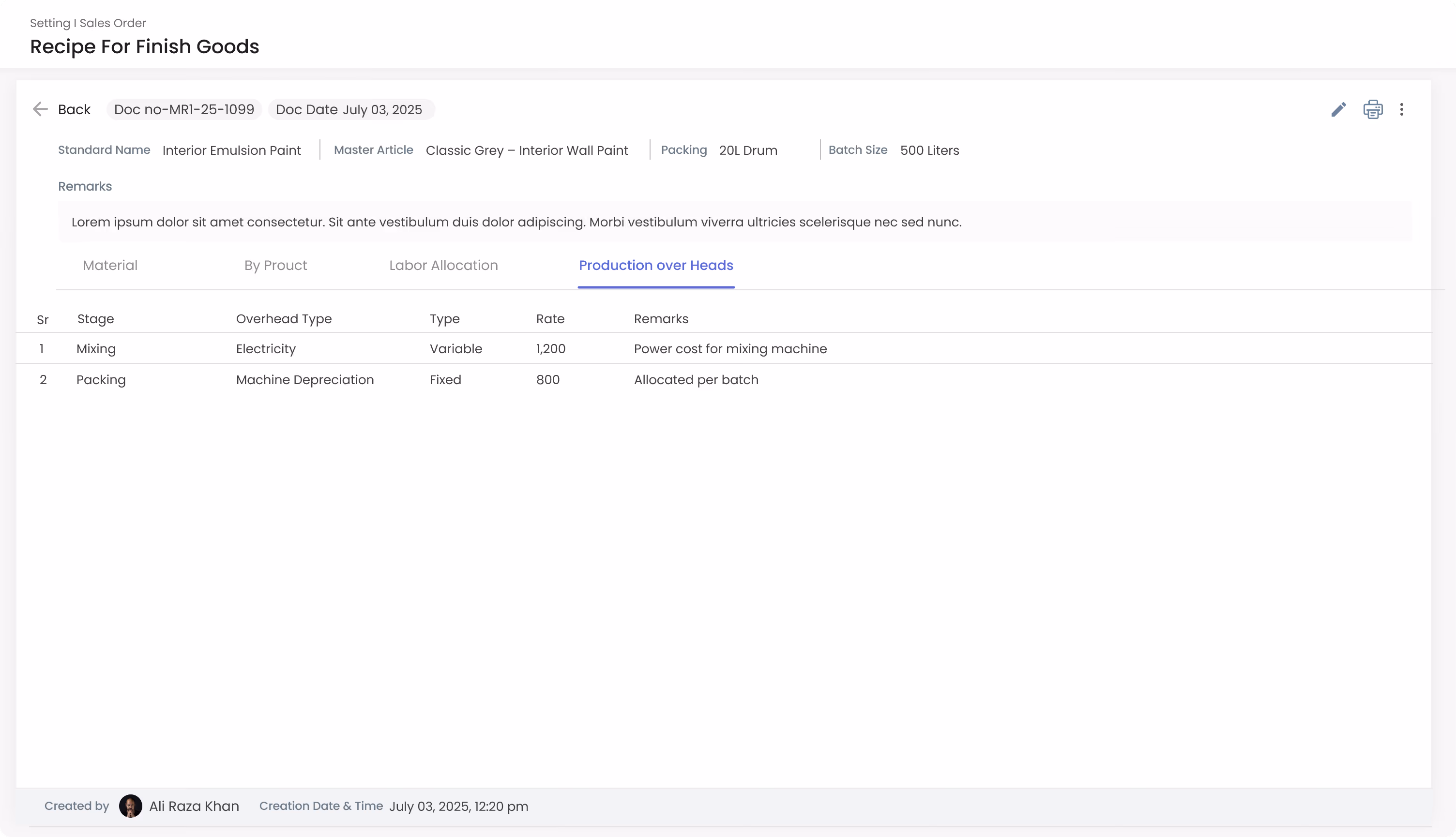 Gluon ERP recipe for finished goods interface listing production overhead stages, machine depreciation, and rate details.