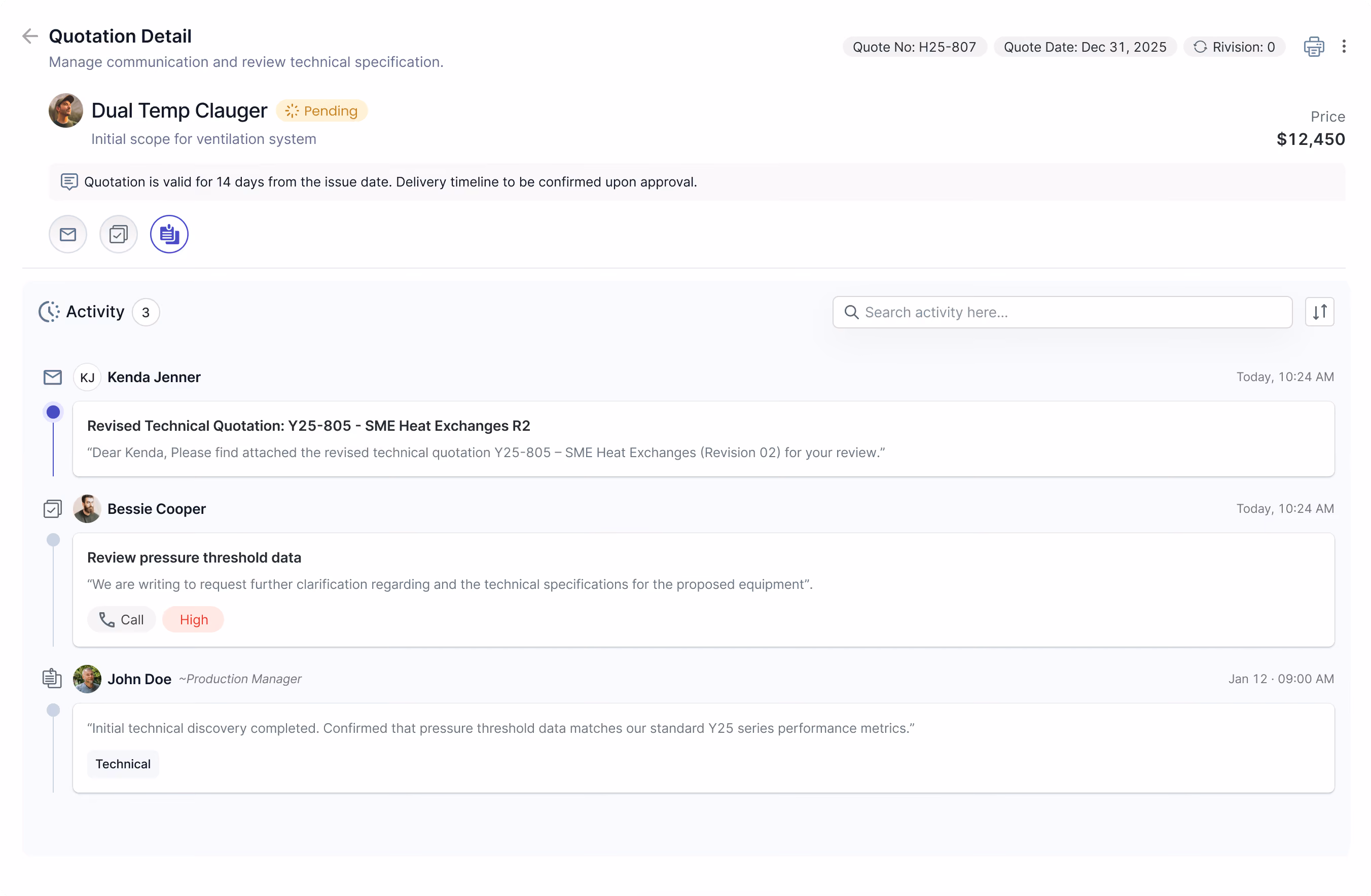 Quotation detail page with pricing, status, and activity timeline.