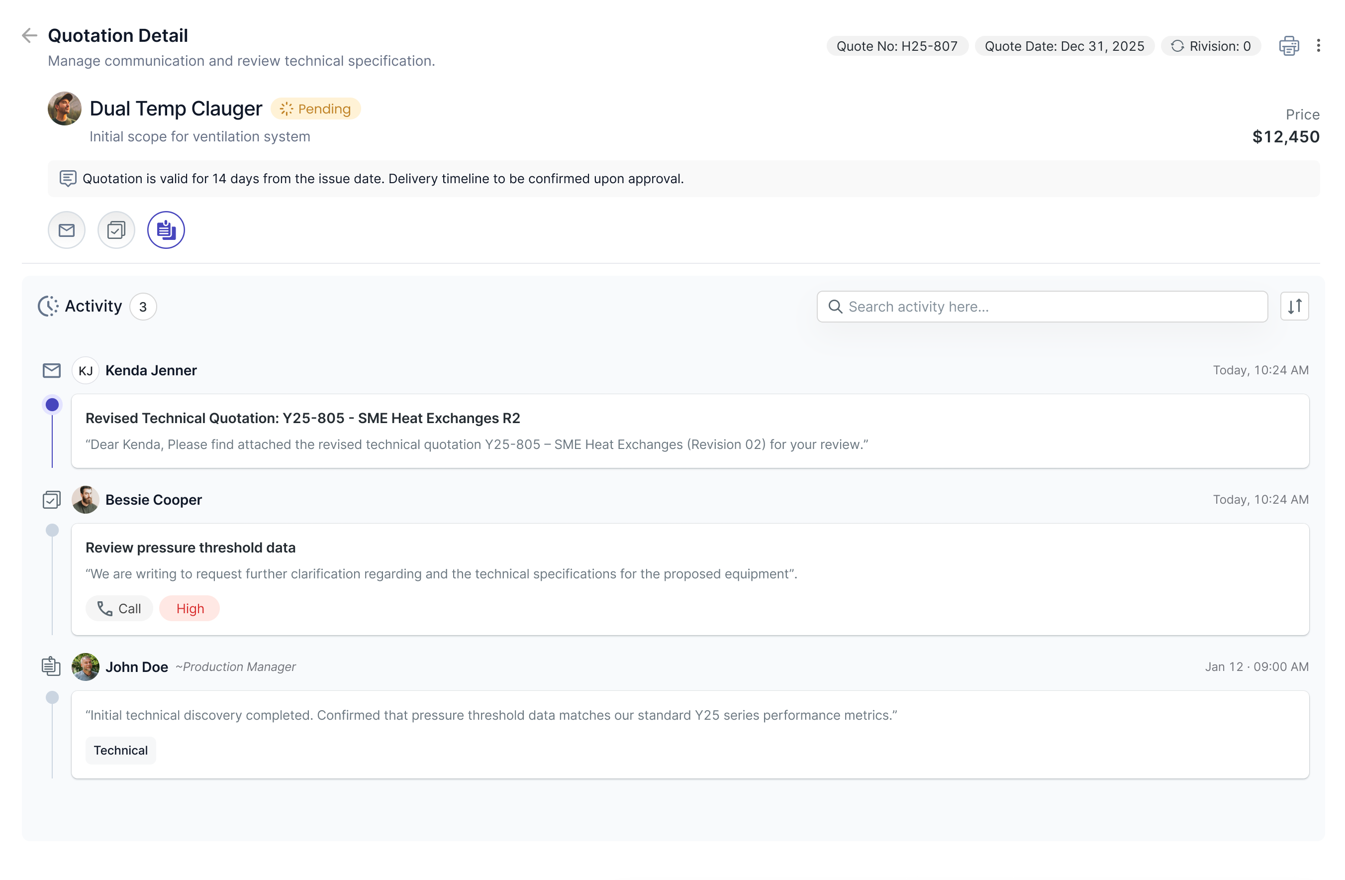Quotation detail page with pricing, status, and activity timeline.