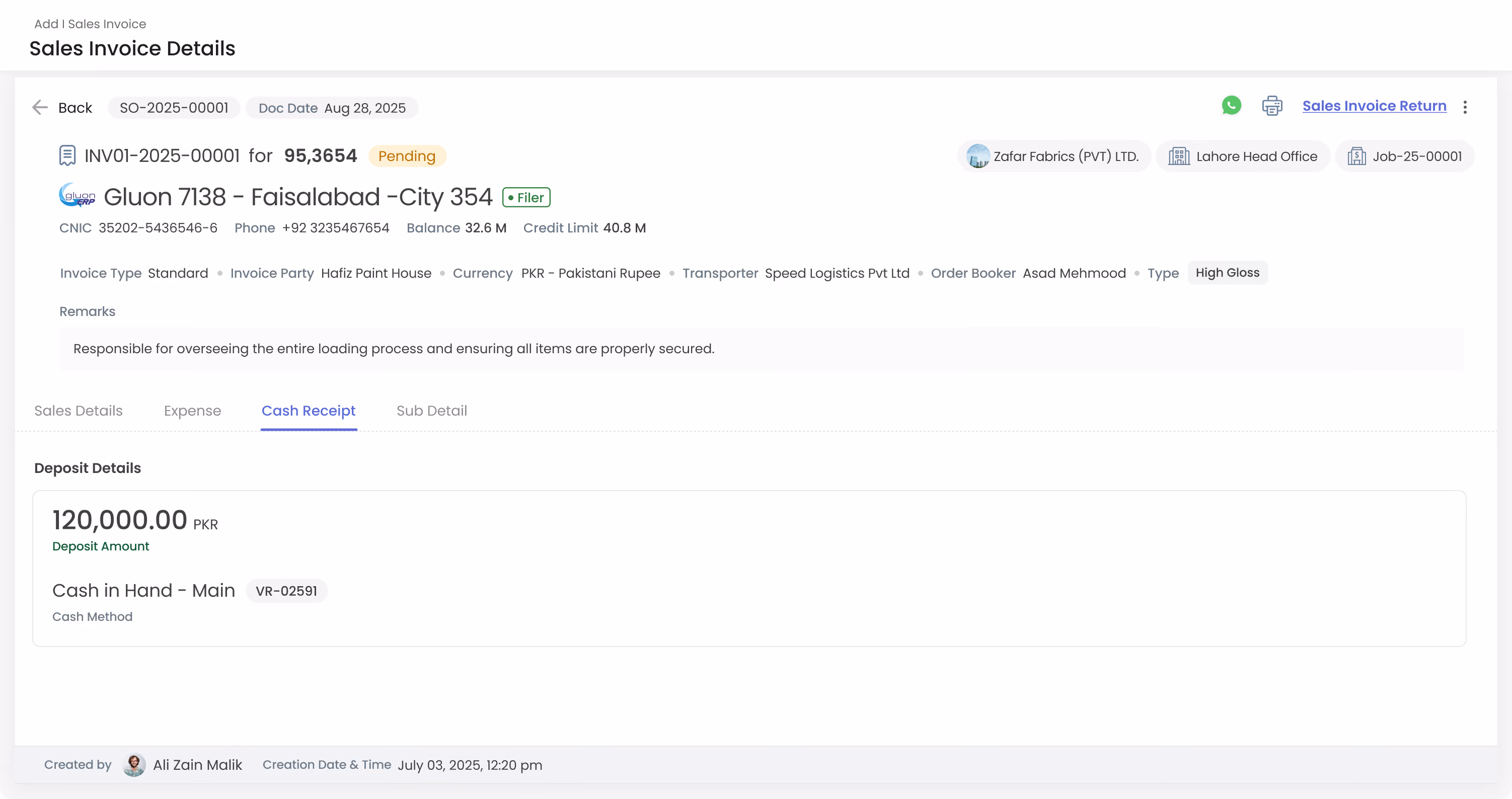 Sales invoice cash receipt tab showing deposit details.