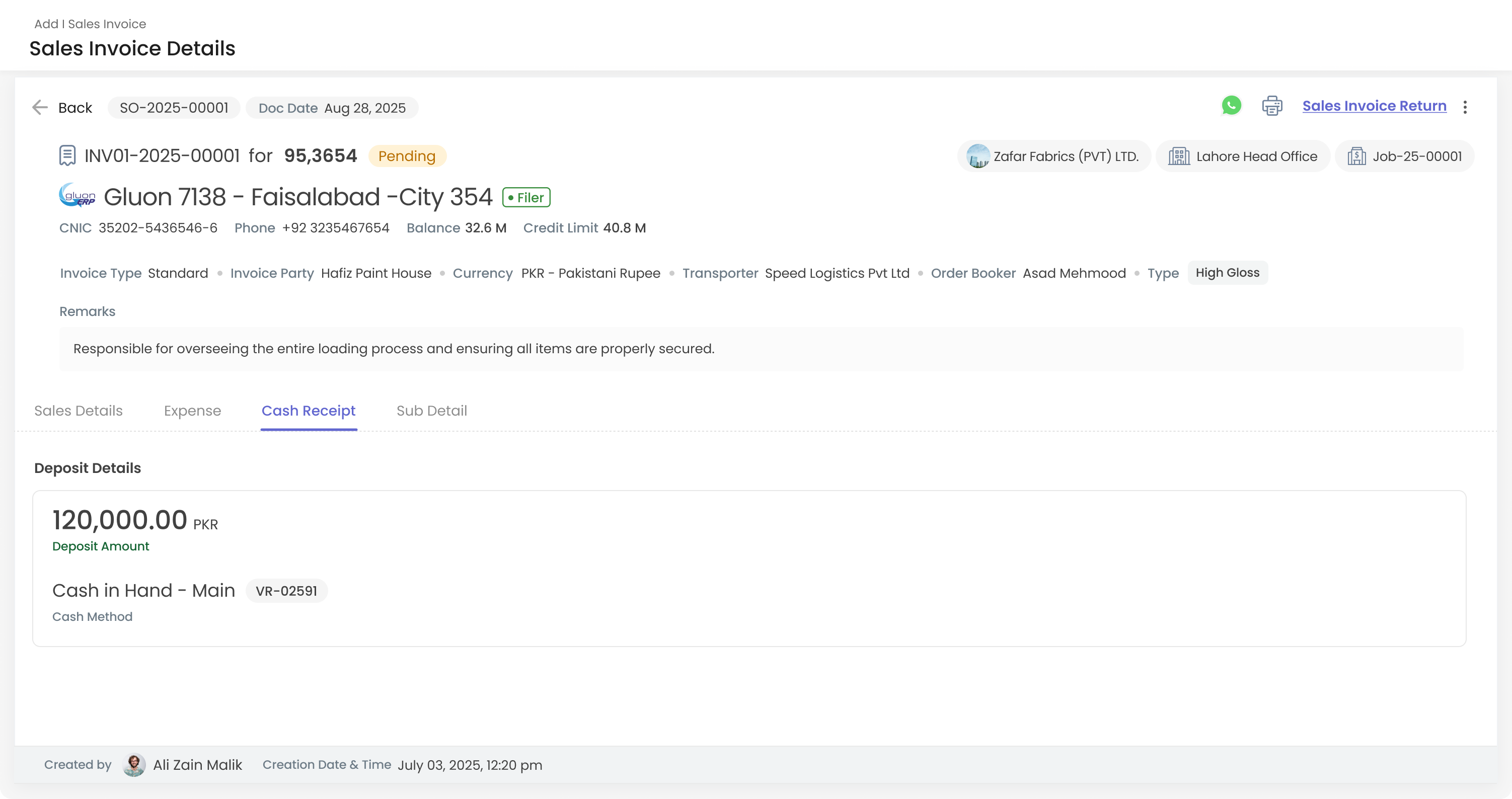 Sales invoice cash receipt tab showing deposit details.