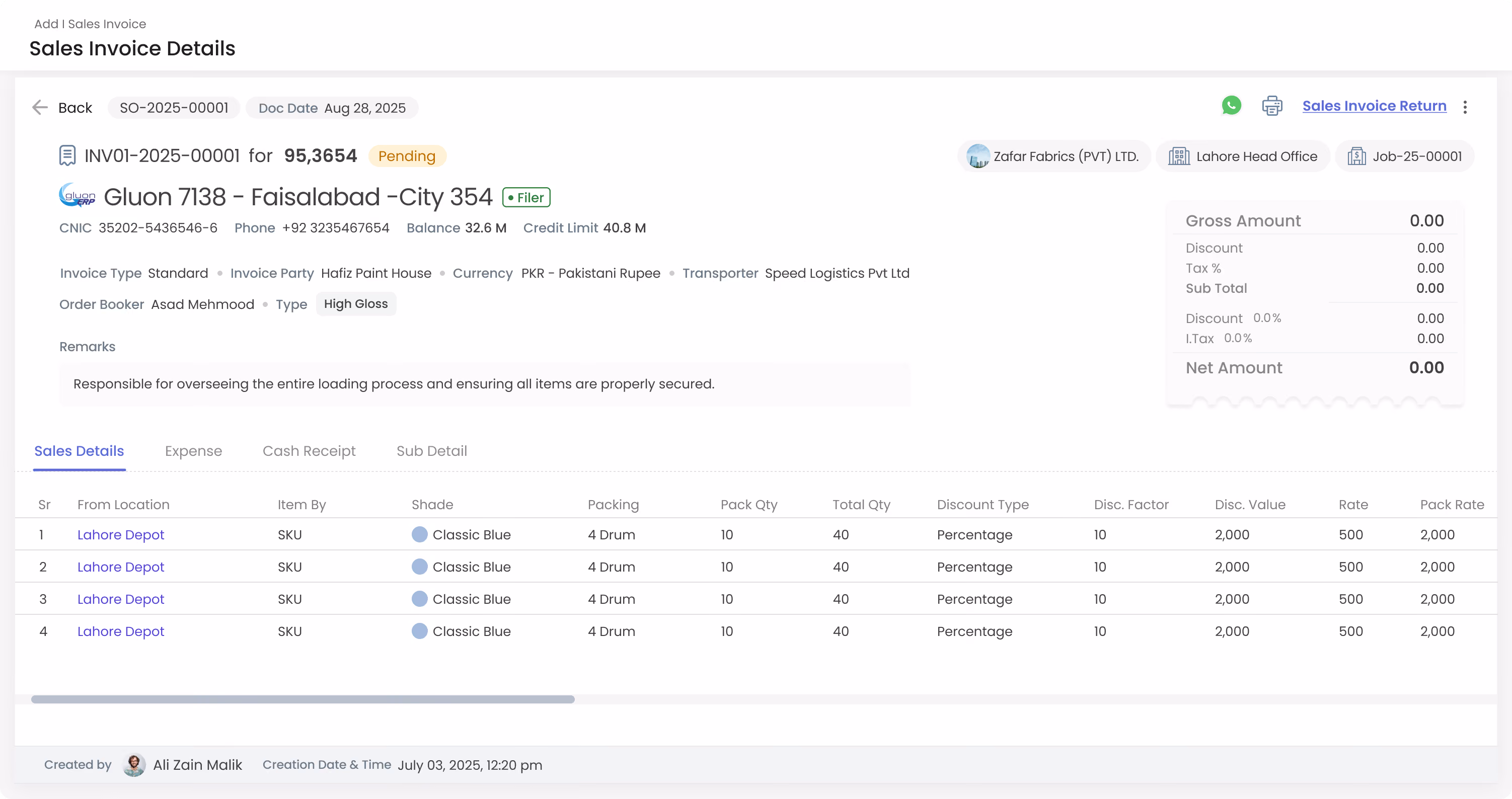Sales invoice details page showing invoice items and totals.