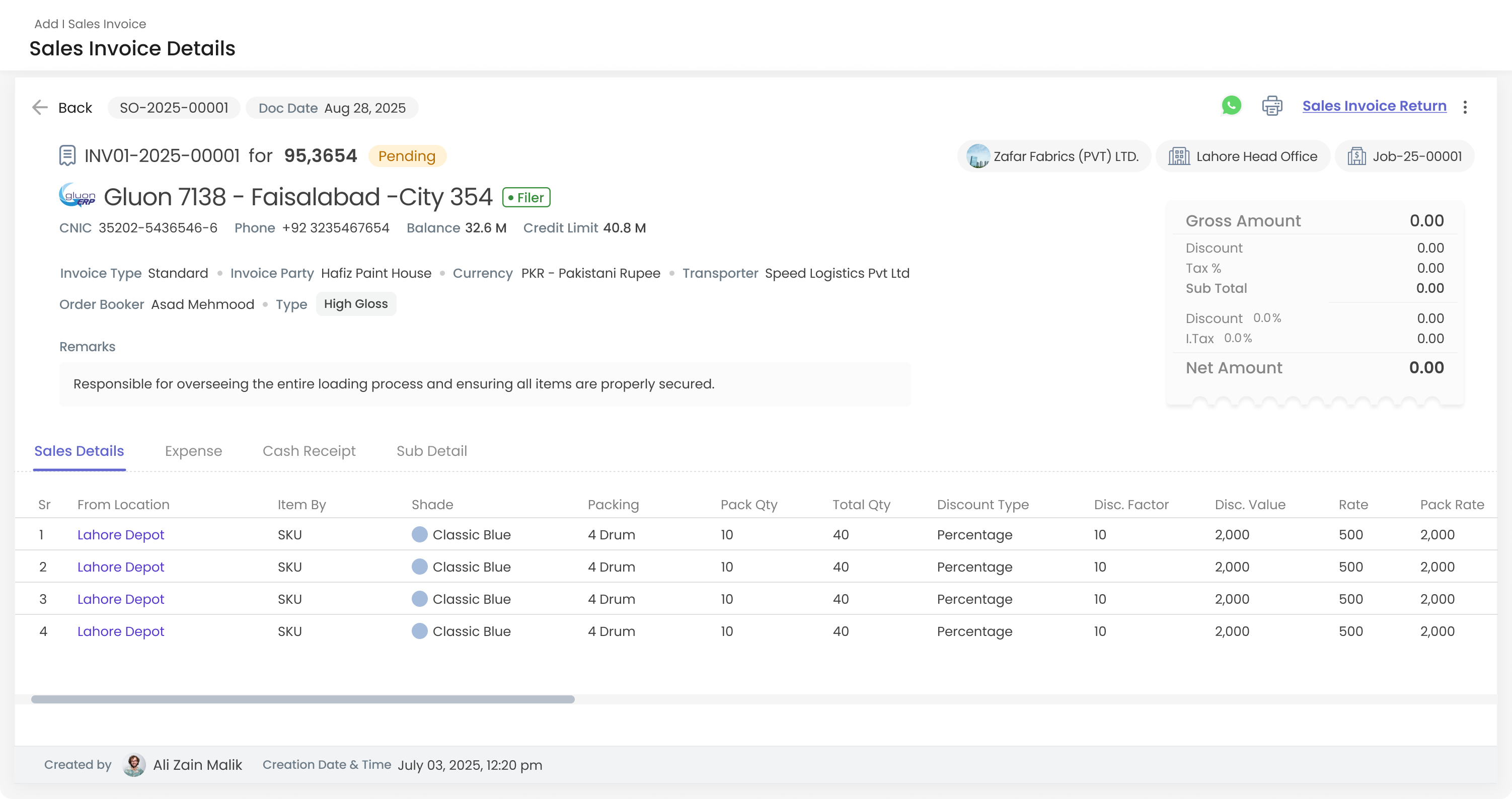 Sales invoice details page showing invoice items and totals.