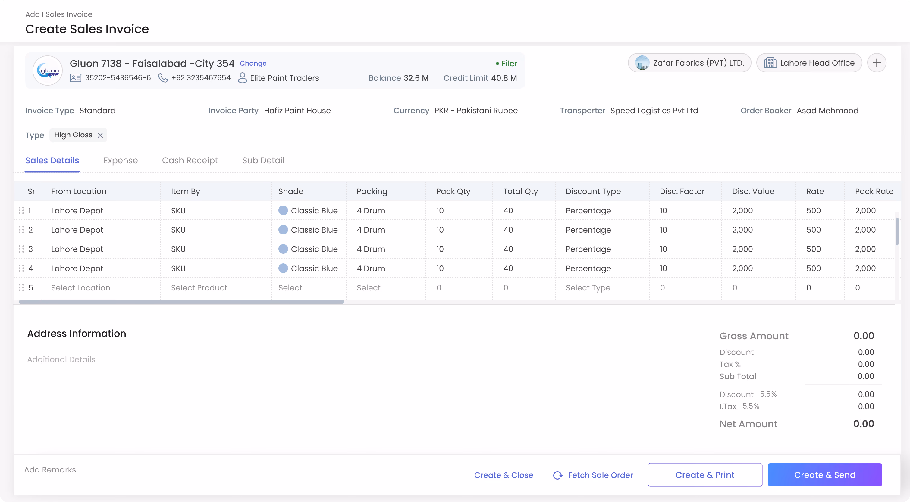 Create sales invoice form with item details and pricing.