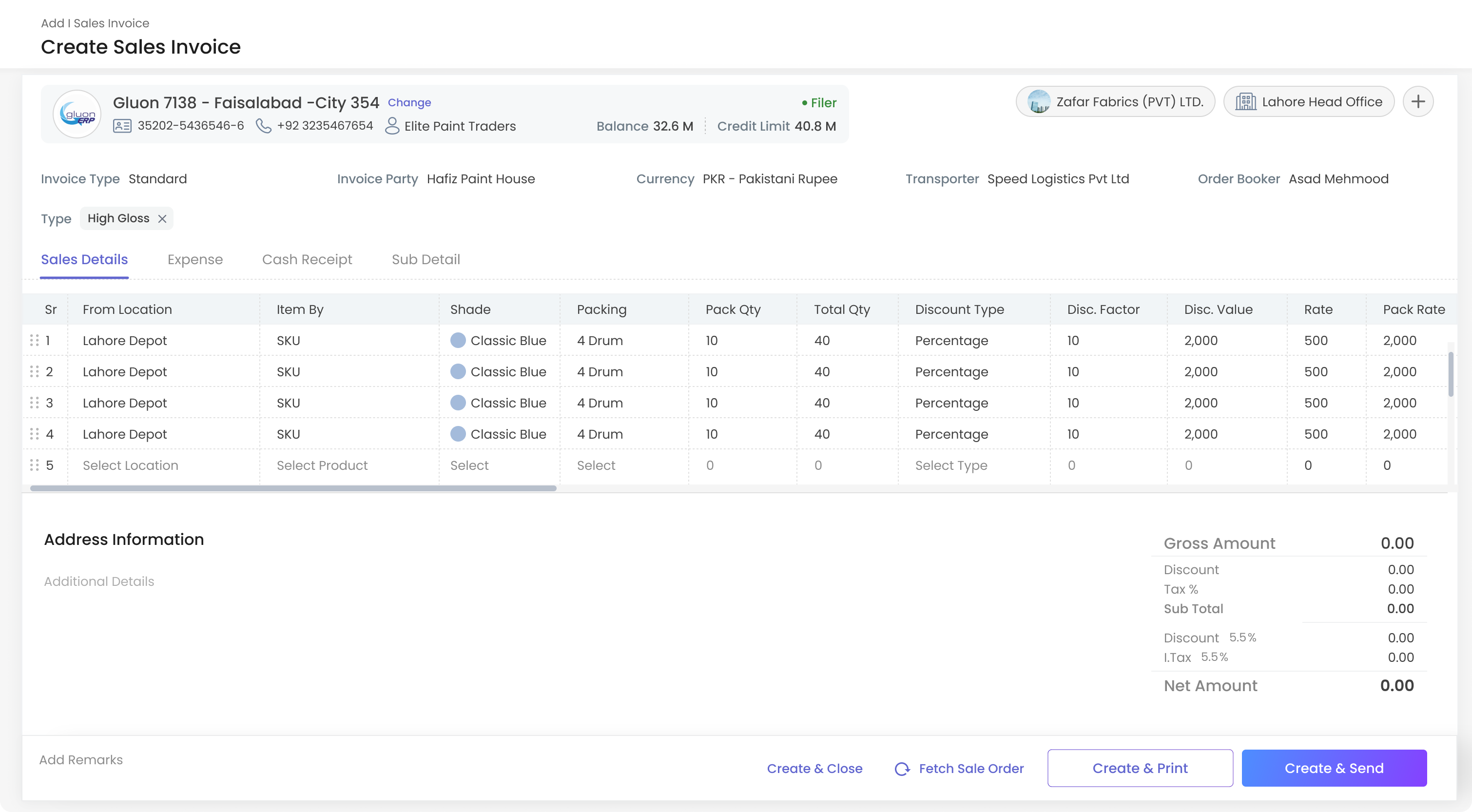Create sales invoice form with item details and pricing