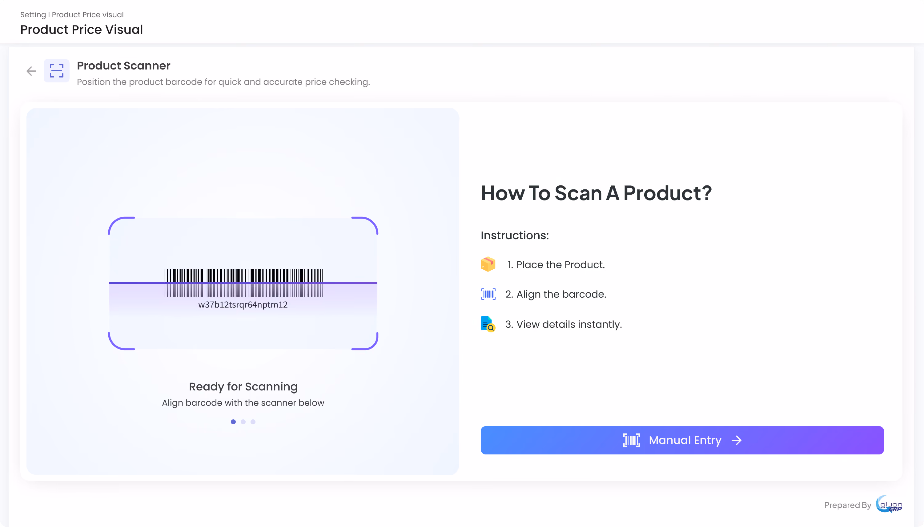 Gluon ERP barcode scanner interface with instructions for quick product price checking.