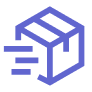 Blue icon of a cardboard box with motion lines indicating fast delivery or shipping.