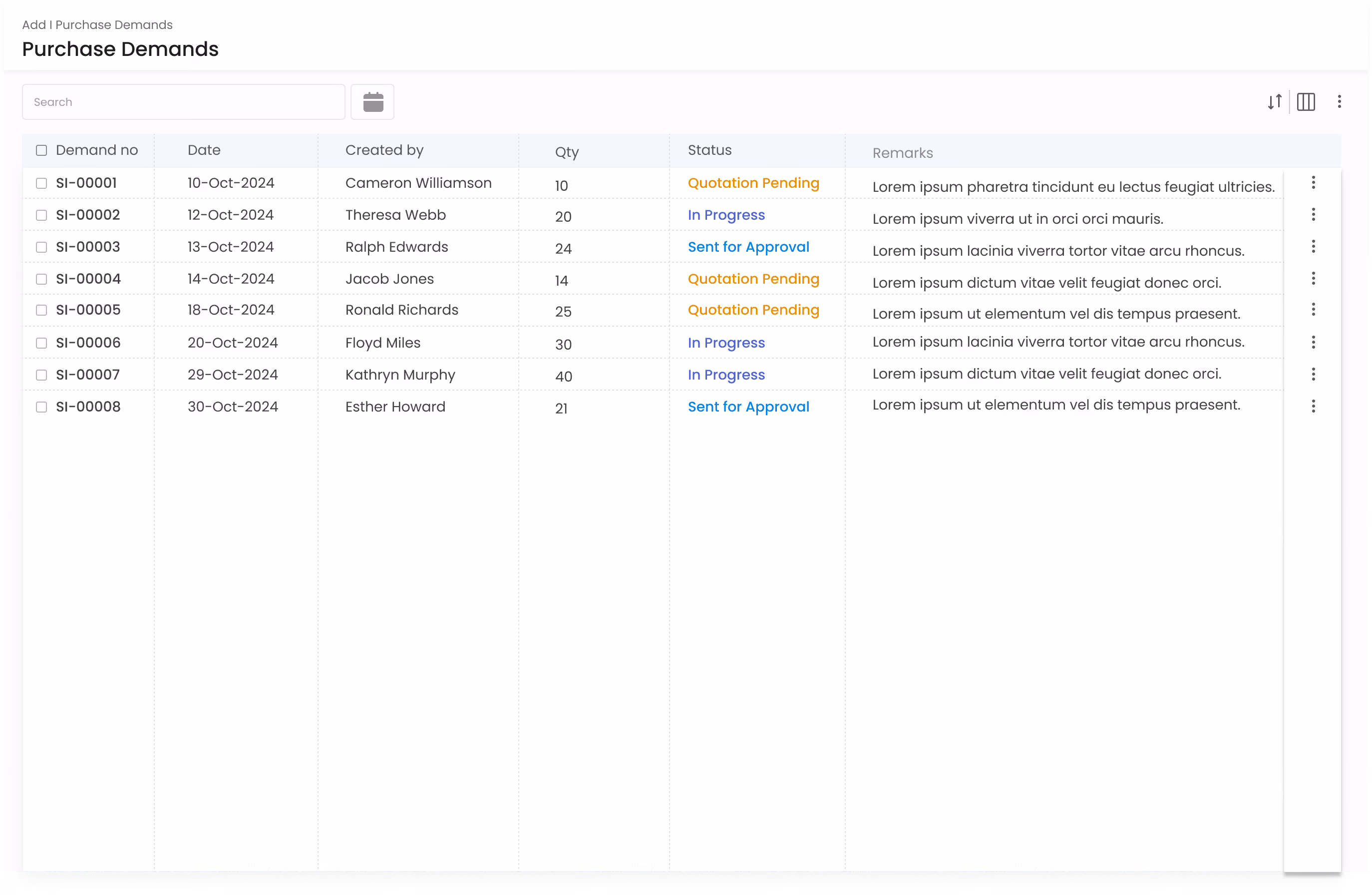 Gluon ERP purchase demand summary table showing requisition dates, creation logs, and approval statuses.