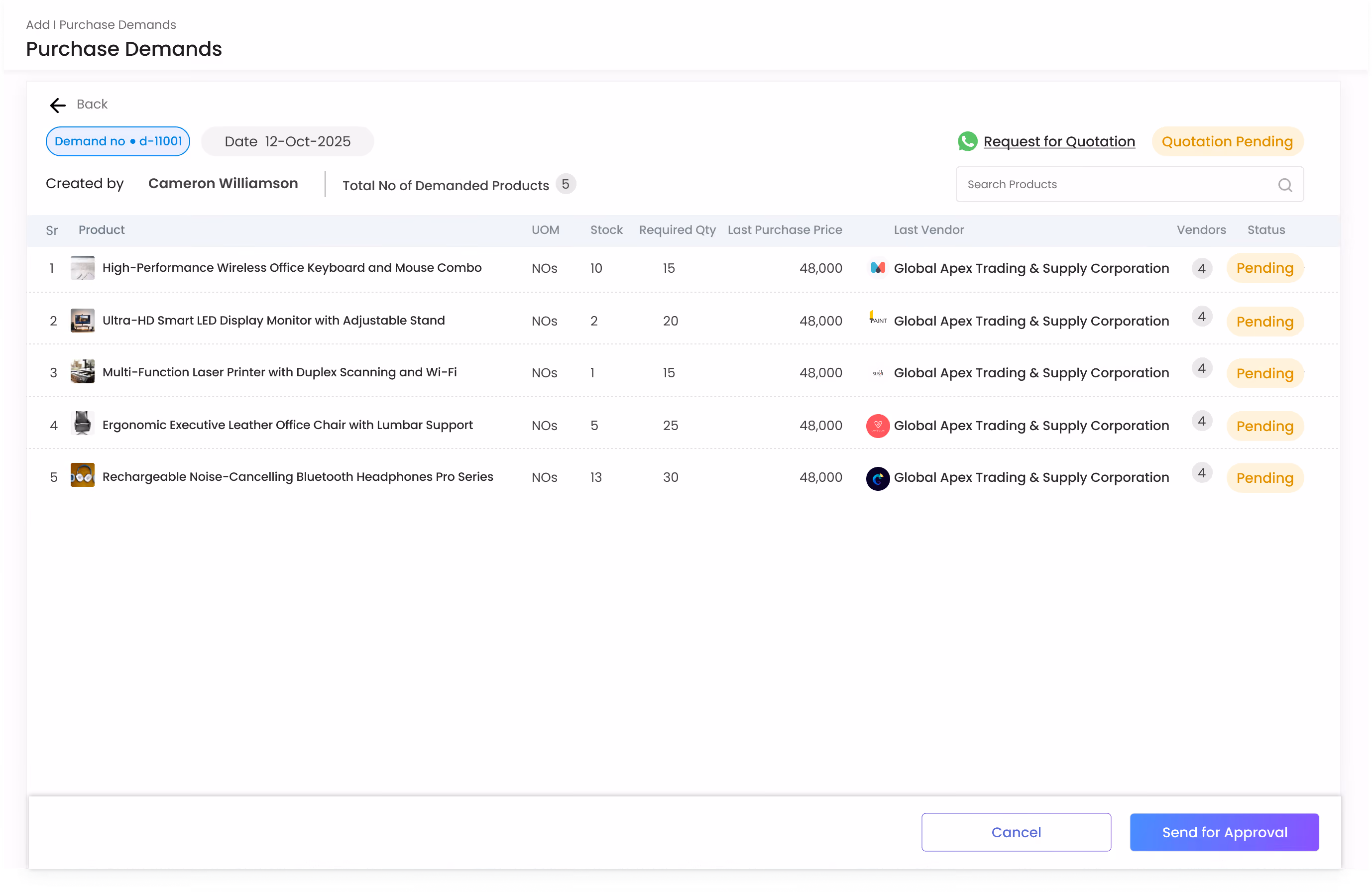 Gluon ERP purchase demand management table detailing requested quantities and pending vendor statuses.