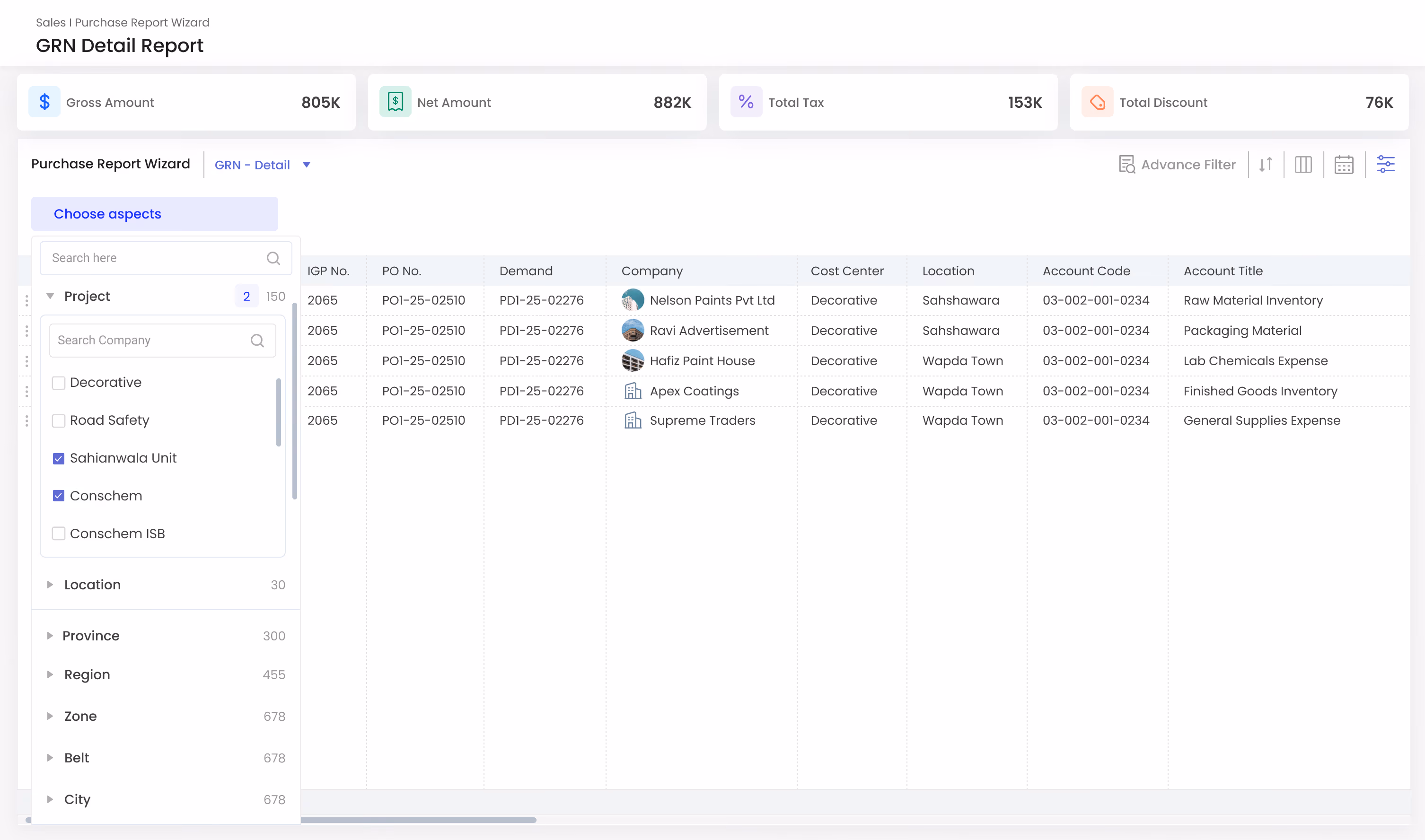 Gluon ERP Goods Received Note report with advanced filtering panel by project, location, and vendor company.
